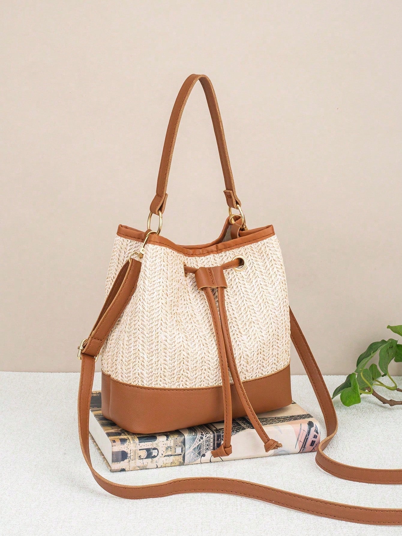 Drawstring Bucket Bag, Large Capacity Daily Versatile Bag, New Summer Beach Bag, Straw Crossbody Bag, Durable Women Handbag