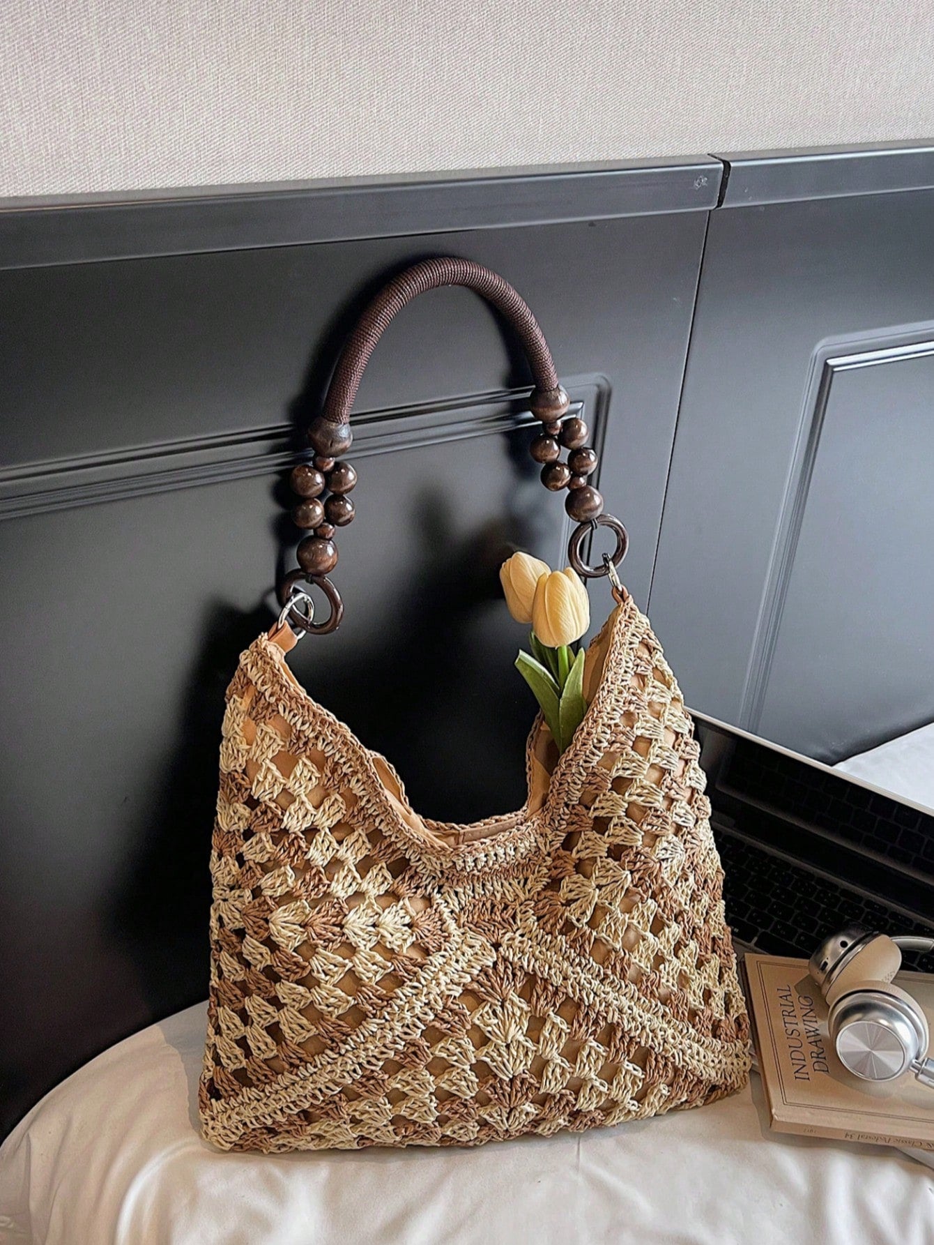 Handmade Crochet Hollow Straw Bag, Patchwork Large Capacity Shoulder Bag, Bohemian Contrast Color Straw Bag, Casual Versatile Women Bag, Slouchy Woven Bag, Summer Beach Vacation Straw Bag, Commute & Travel Dual-Use Women Bag, Can Fit , Gift For Women