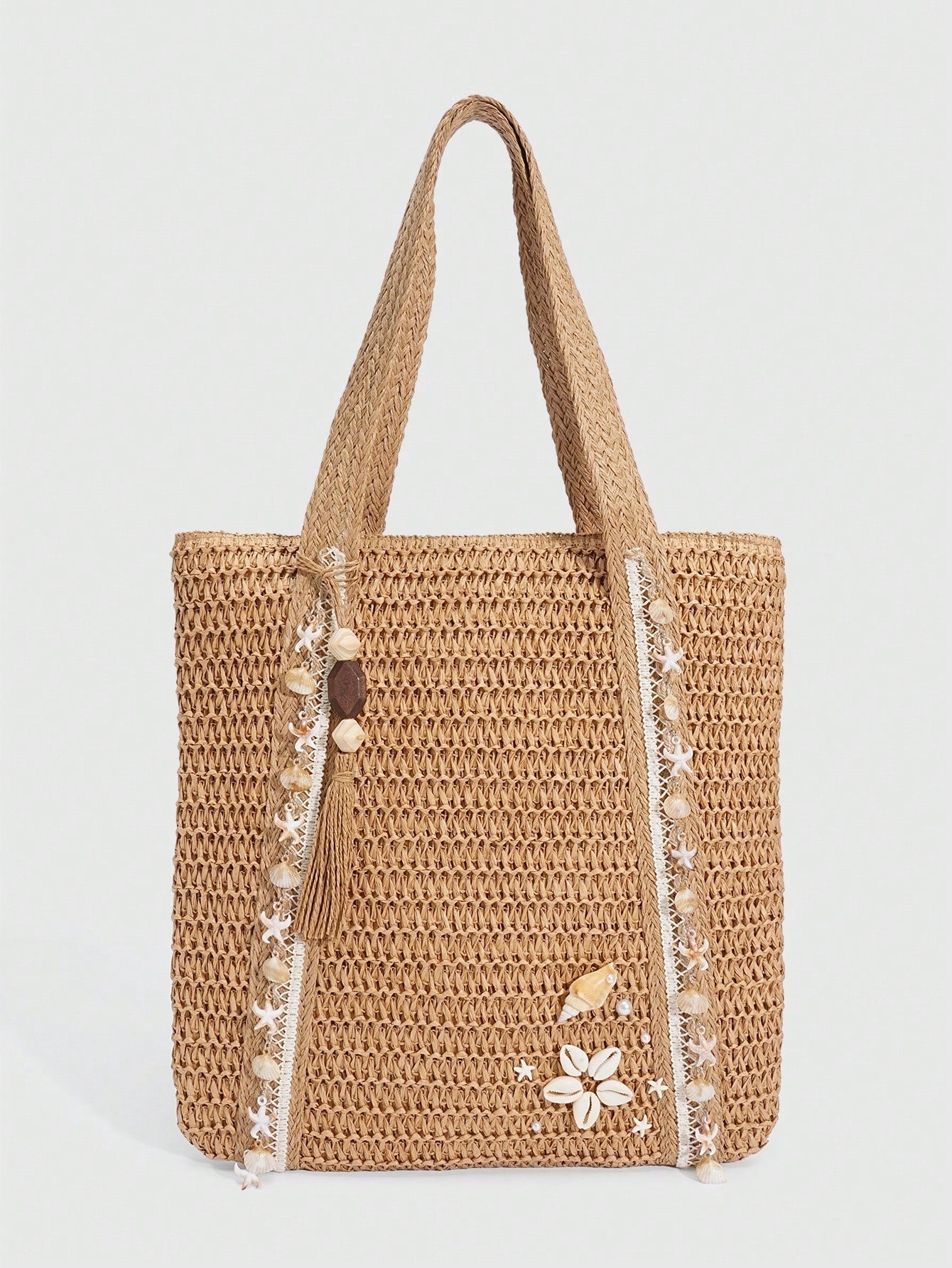 ROMWE Fairycore 1pc Vacation-Themed Shell, Seashell, Coral, Pearl Decor Women Tote Bag, Large Capacity Floral Straw Beach Bag For Spring/Summer