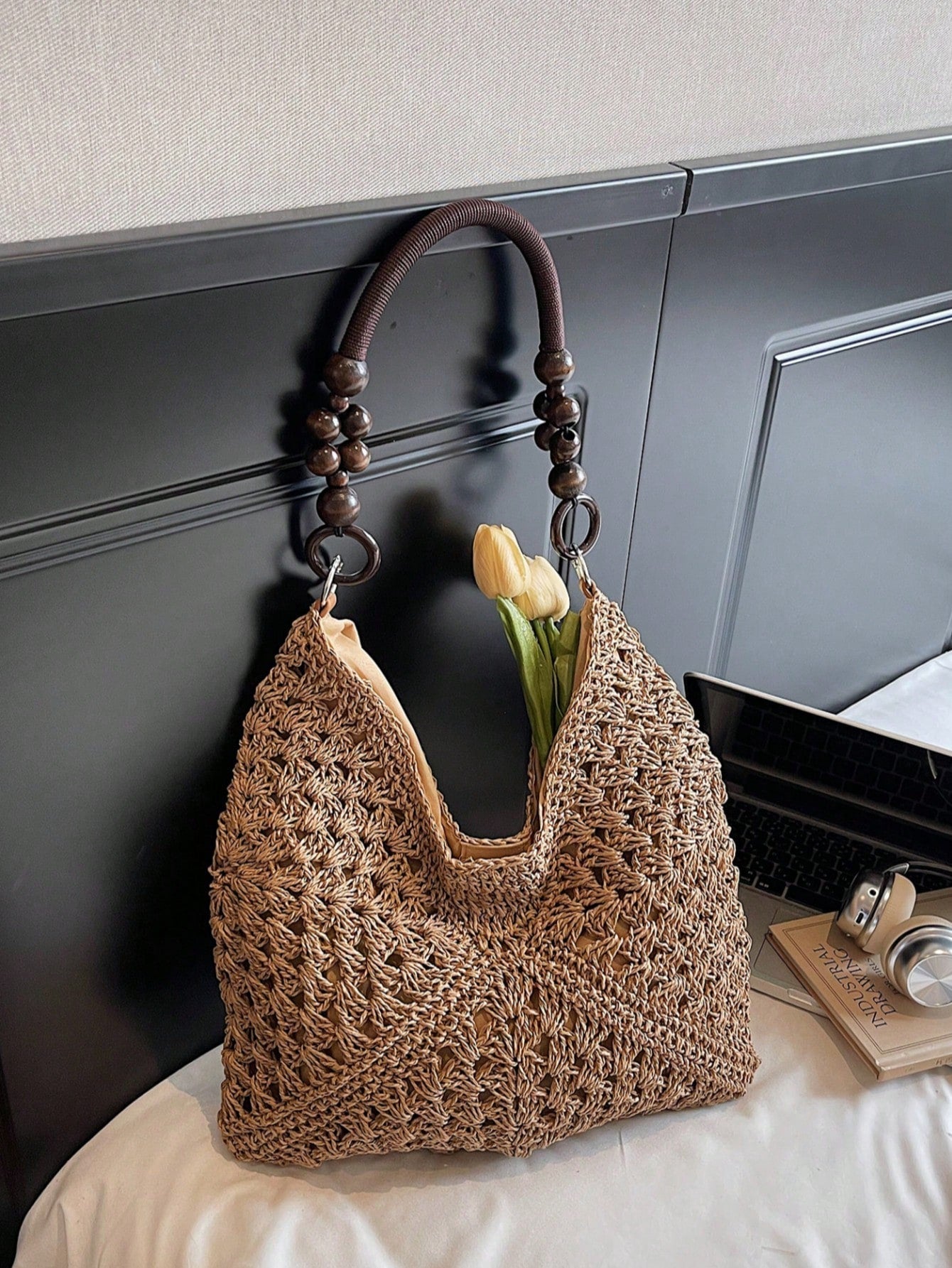 Handmade Crochet Hollow Straw Bag, Patchwork Large Capacity Shoulder Bag, Bohemian Contrast Color Straw Bag, Casual Versatile Women Bag, Slouchy Woven Bag, Summer Beach Vacation Straw Bag, Commute & Travel Dual-Use Women Bag, Can Fit , Gift For Women