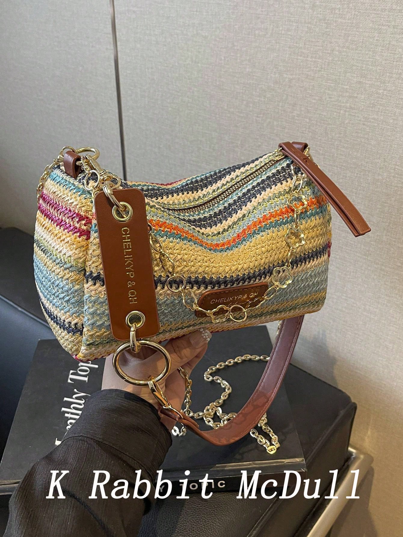 New Spring/Summer Contrast Striped Woven Straw Shoulder Bag, Fashion Letter Decor Women's