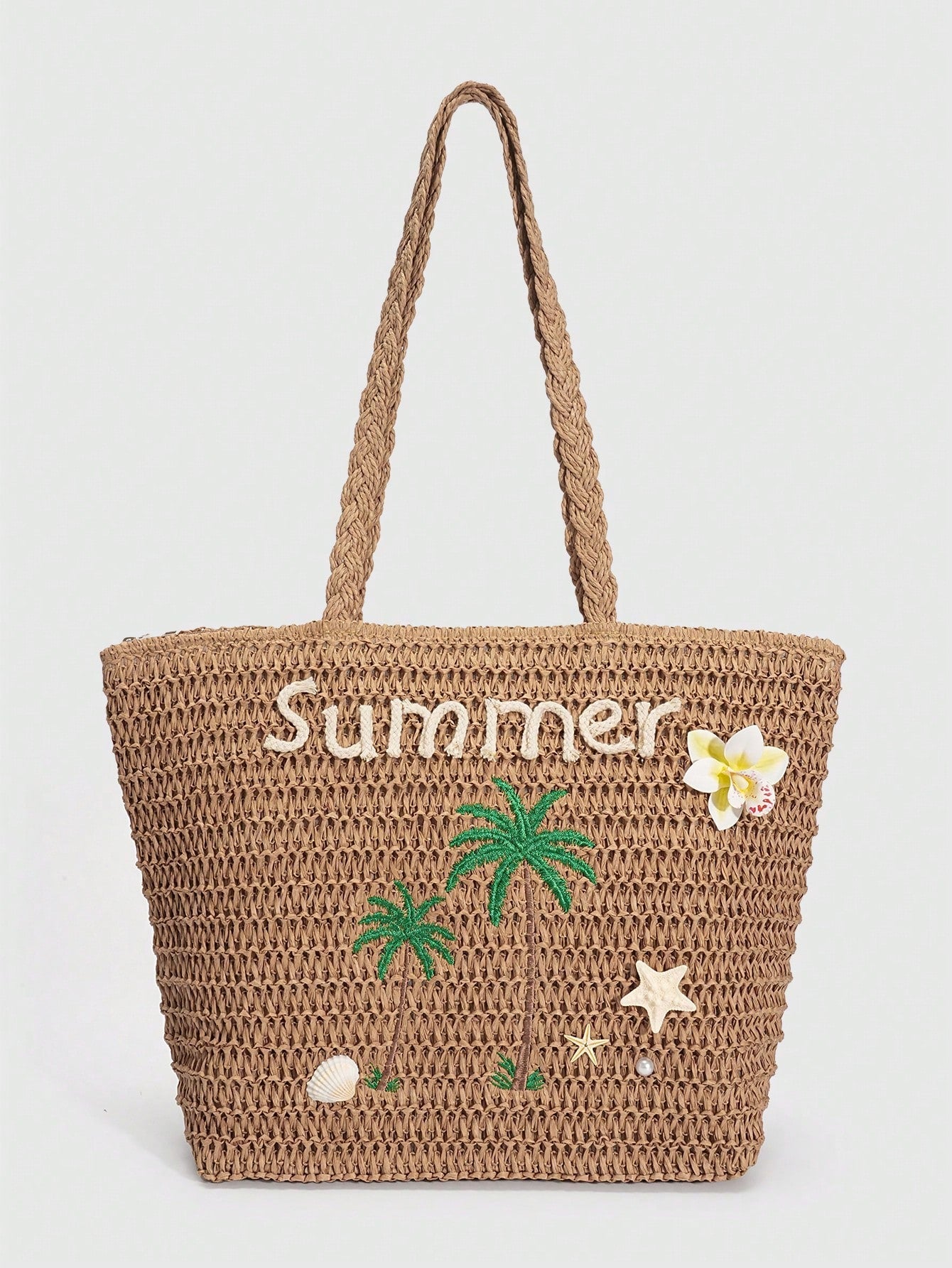 ROMWE Fairycore 1pc Vacation-Themed Shell, Seashell, Coral, Pearl Decor Women Tote Bag, Large Capacity Floral Straw Beach Bag For Spring/Summer