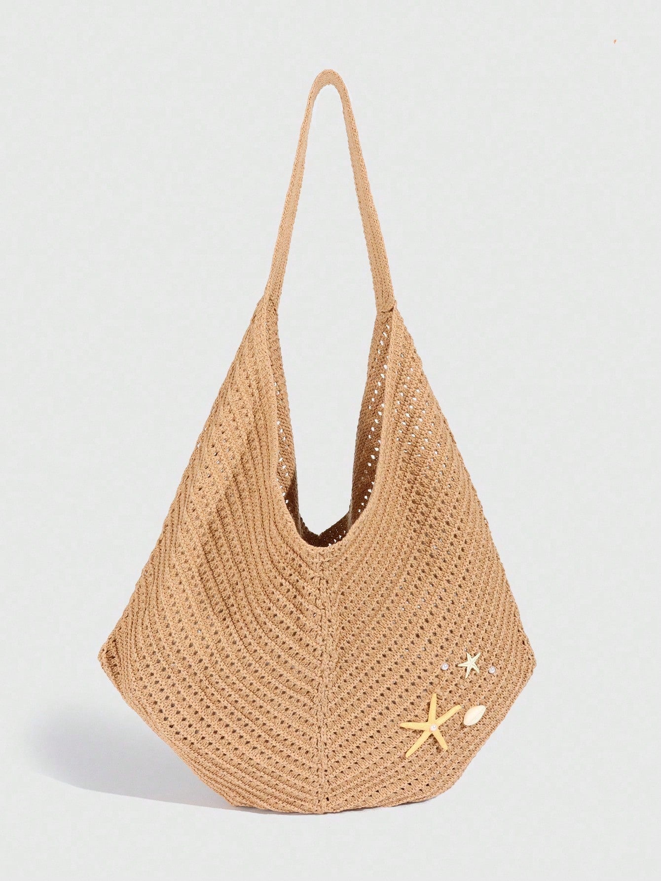 ROMWE Fairycore 1 Pc Tropical Ocean Beach Vacation Style Woven Hollow Beige Women's Shoulder Crossbody Handbag, Large Capacity Travel Vacation Bag