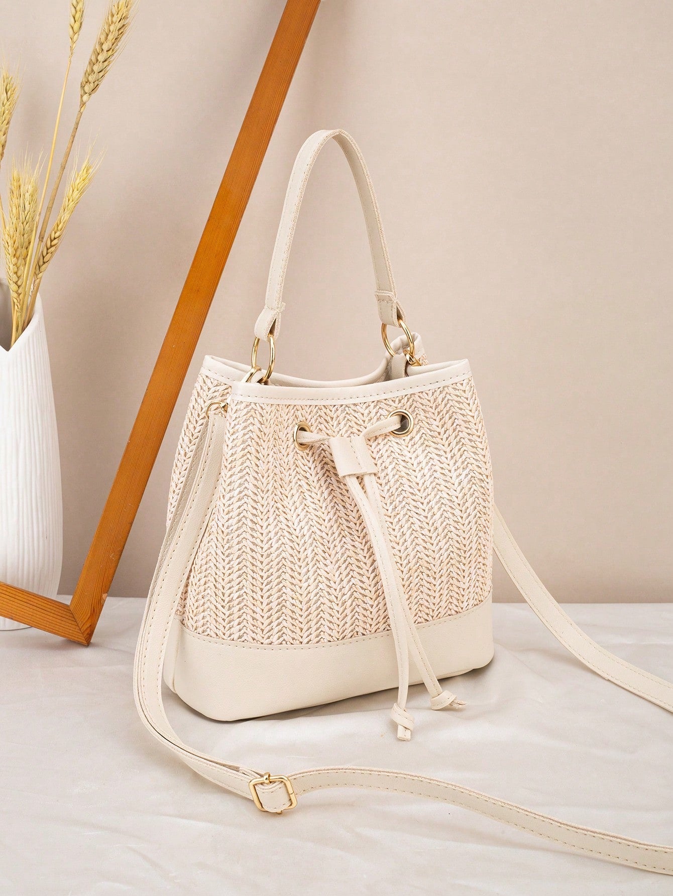 Drawstring Bucket Bag, Large Capacity Daily Versatile Bag, New Summer Beach Bag, Straw Crossbody Bag, Durable Women Handbag
