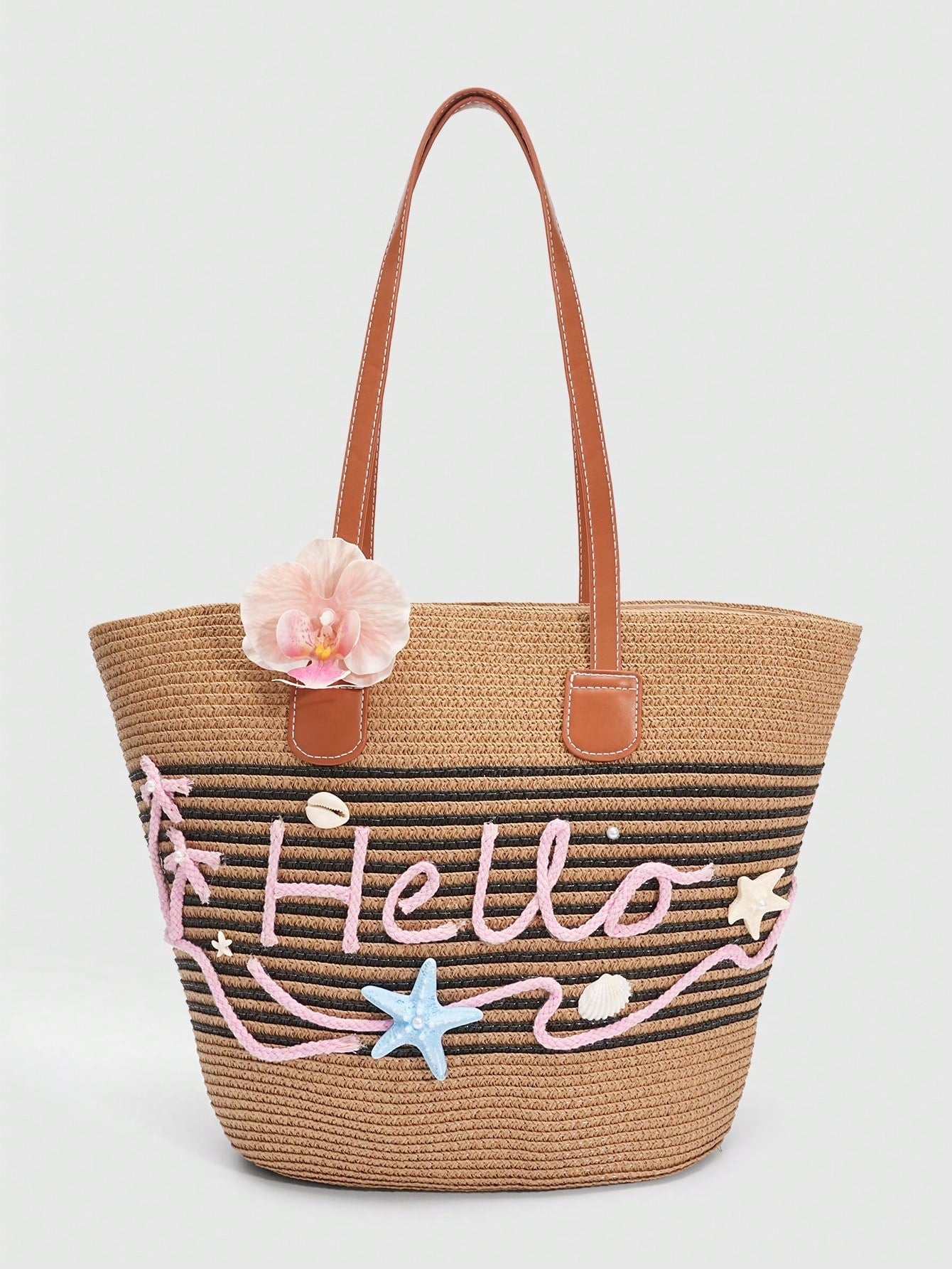 ROMWE Fairycore 1pc Vacation-Themed Shell, Seashell, Coral, Pearl Decor Women Tote Bag, Large Capacity Floral Straw Beach Bag For Spring/Summer