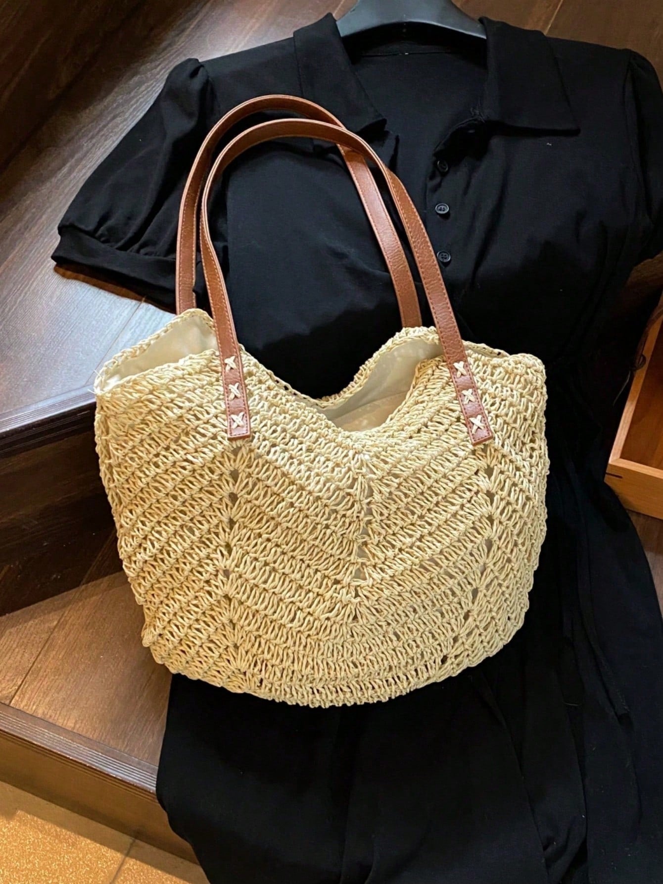New Large Capacity Tote Bag, Woven Straw Dual Handle Design Women's Bag, Beach Bag For Commuting