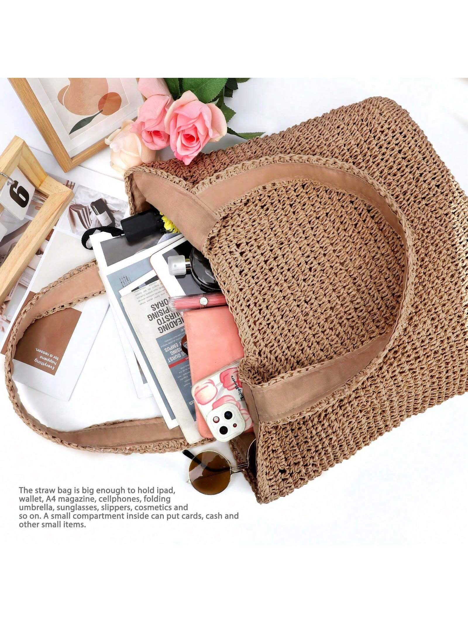 Hatisan Straw Beach Bag For Women Summer Woven Beach Tote Bag Shoulder Handbags Boho Bag
