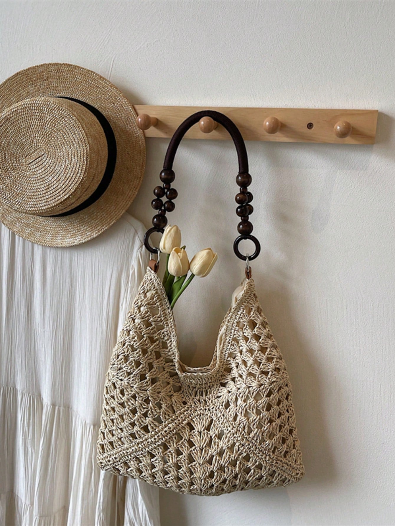 Handmade Crochet Hollow Straw Bag, Patchwork Large Capacity Shoulder Bag, Bohemian Contrast Color Straw Bag, Casual Versatile Women Bag, Slouchy Woven Bag, Summer Beach Vacation Straw Bag, Commute & Travel Dual-Use Women Bag, Can Fit , Gift For Women