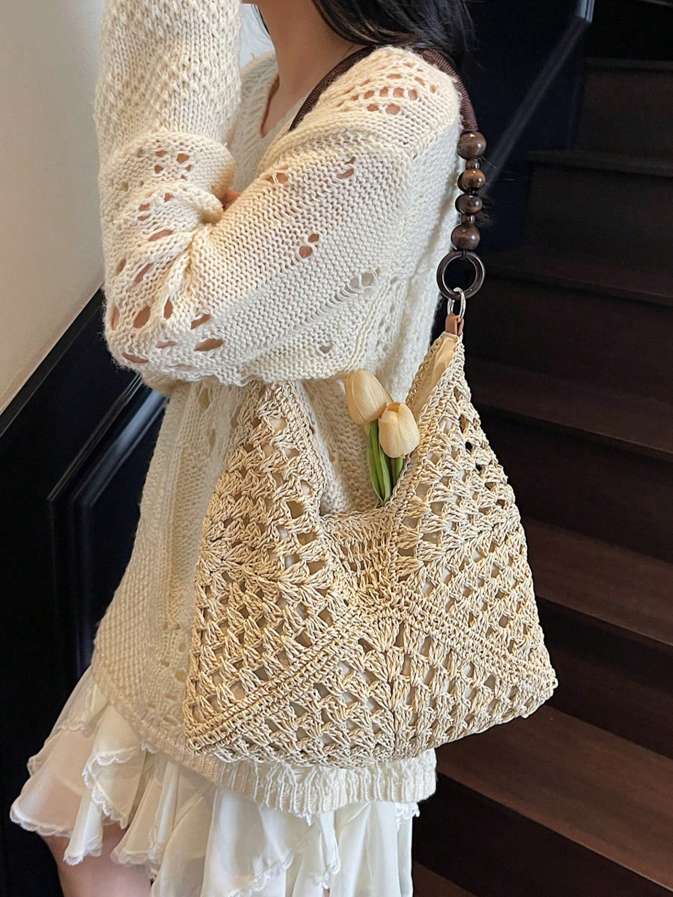 Handmade Crochet Hollow Straw Bag, Patchwork Large Capacity Shoulder Bag, Bohemian Contrast Color Straw Bag, Casual Versatile Women Bag, Slouchy Woven Bag, Summer Beach Vacation Straw Bag, Commute & Travel Dual-Use Women Bag, Can Fit , Gift For Women