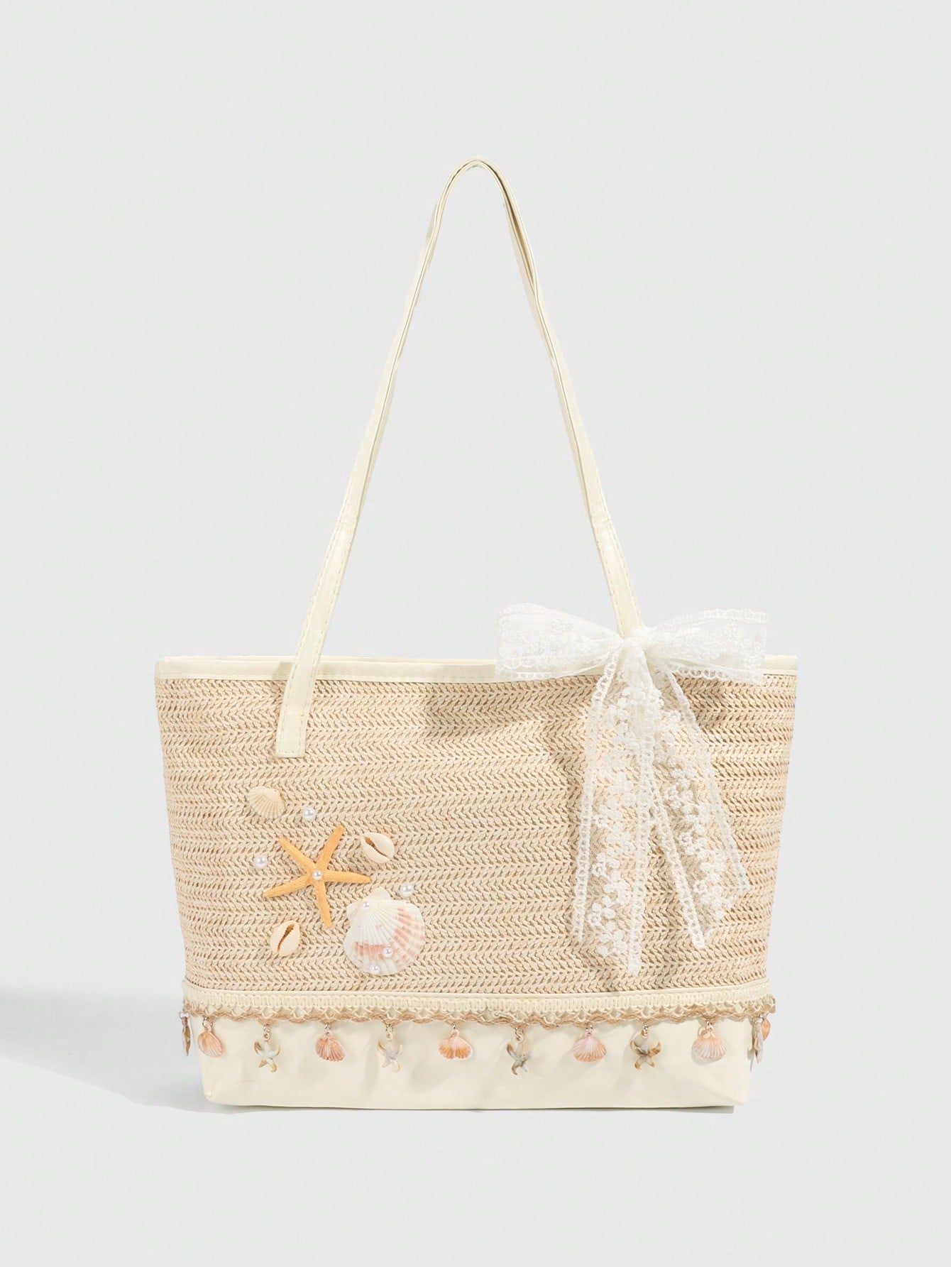 ROMWE Fairycore 1pc Vacation-Themed Shell, Seashell, Coral, Pearl Decor Women Tote Bag, Large Capacity Floral Straw Beach Bag For Spring/Summer