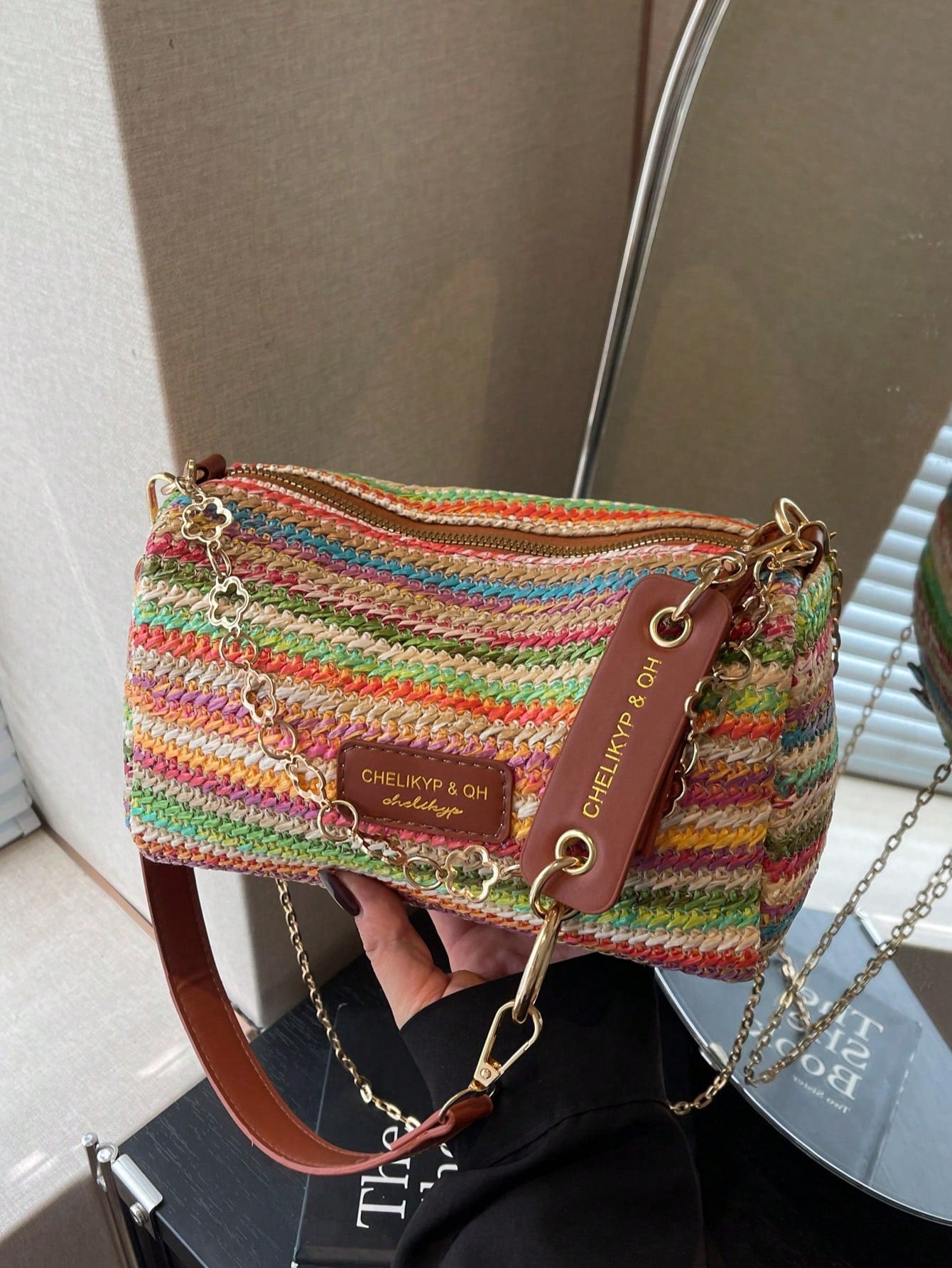 New Spring/Summer Contrast Striped Woven Straw Shoulder Bag, Fashion Letter Decor Women's