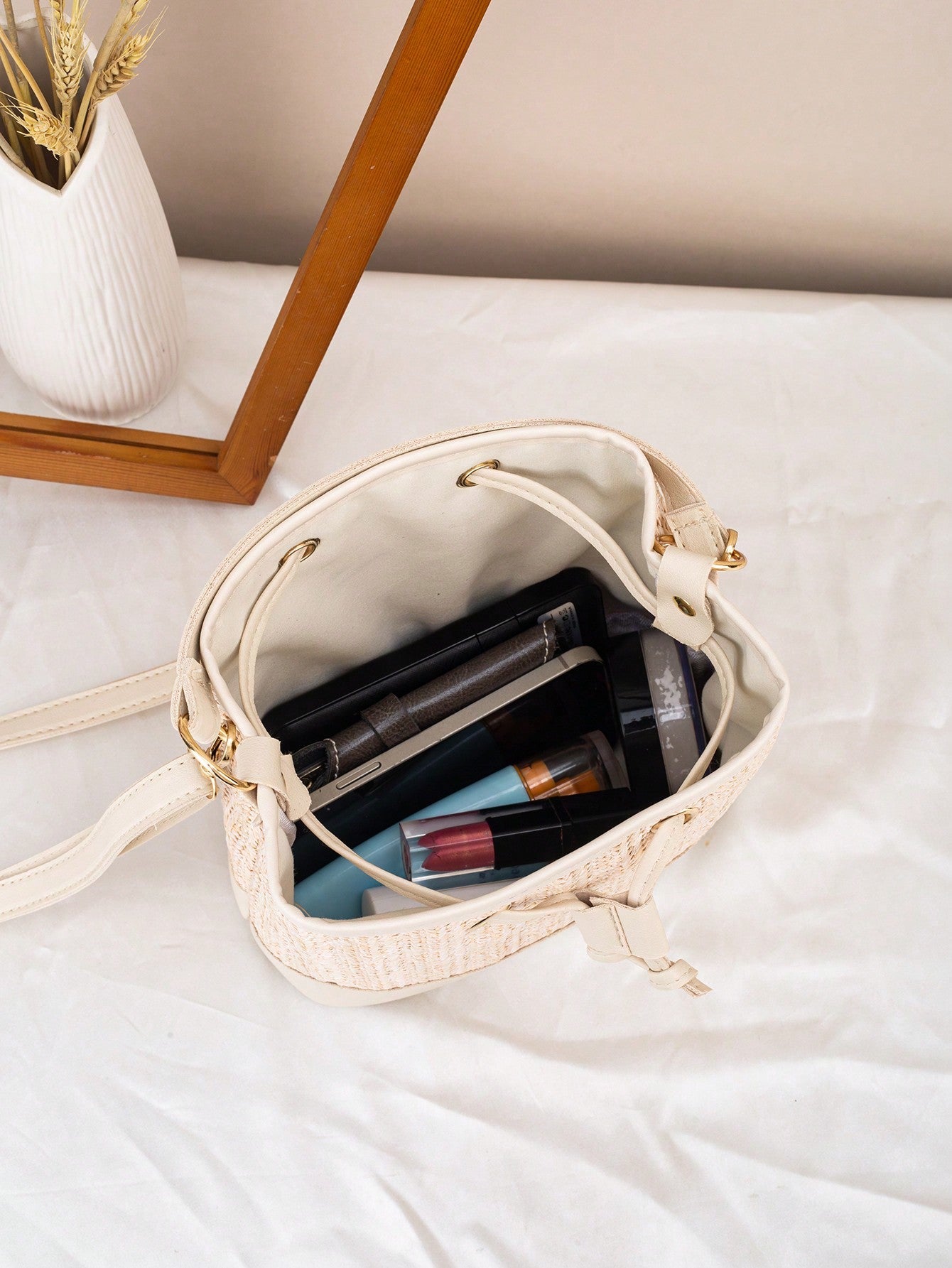 Drawstring Bucket Bag, Large Capacity Daily Versatile Bag, New Summer Beach Bag, Straw Crossbody Bag, Durable Women Handbag