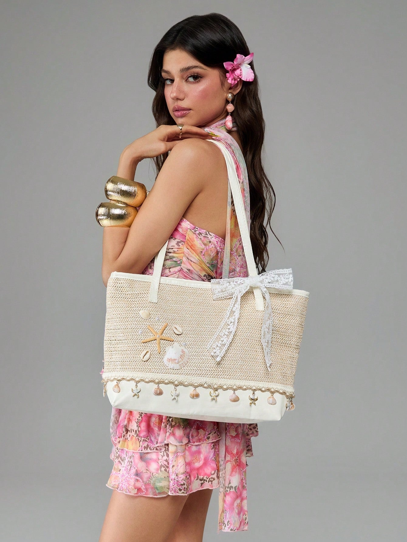 ROMWE Fairycore 1pc Vacation-Themed Shell, Seashell, Coral, Pearl Decor Women Tote Bag, Large Capacity Floral Straw Beach Bag For Spring/Summer