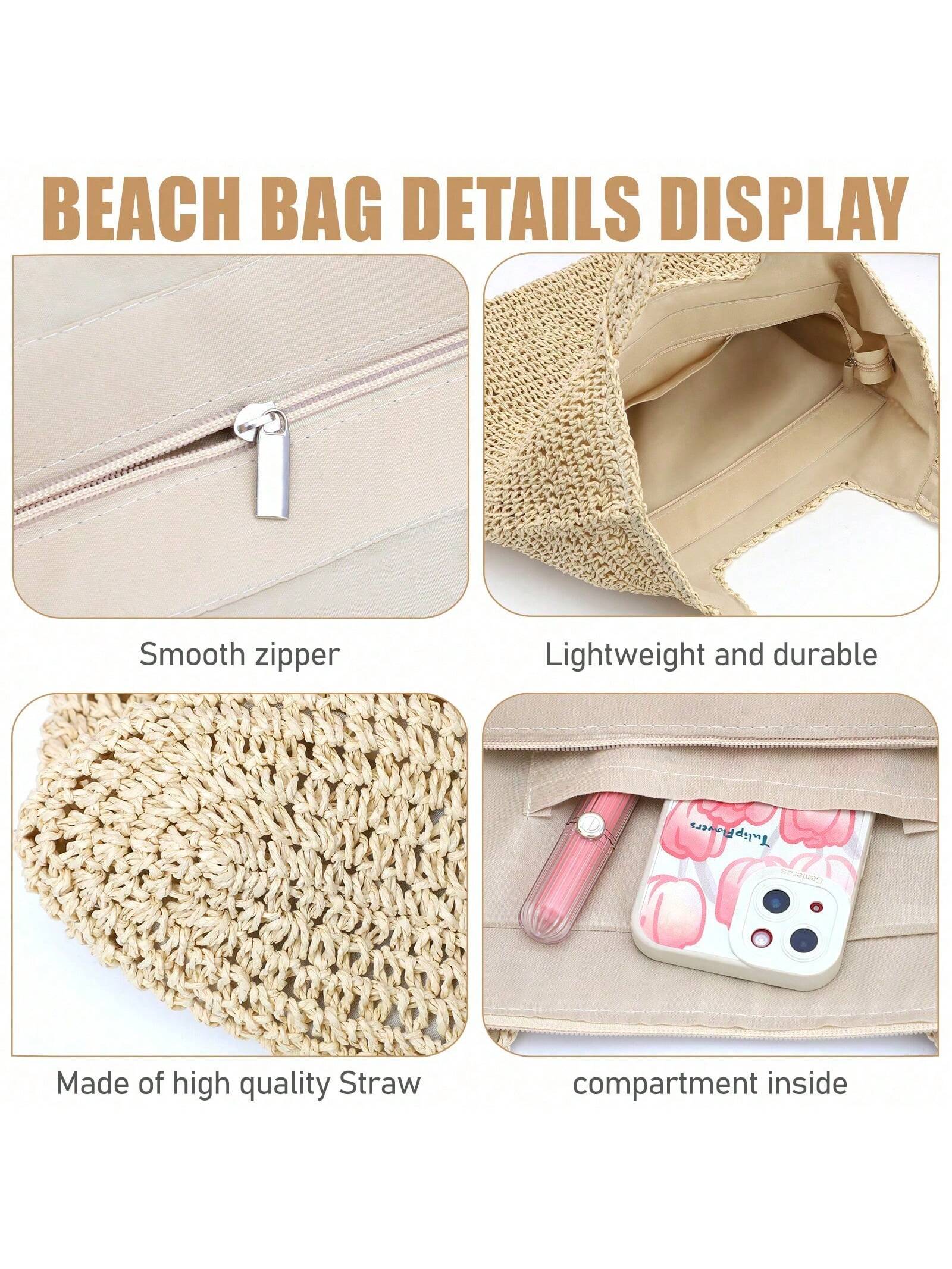 Hatisan Straw Beach Bag For Women Summer Woven Beach Tote Bag Shoulder Handbags Boho Bag