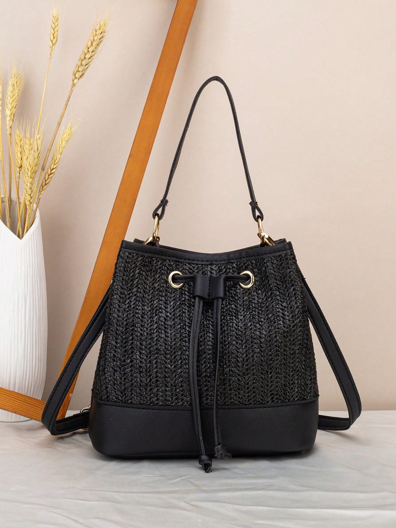 Drawstring Bucket Bag, Large Capacity Daily Versatile Bag, New Summer Beach Bag, Straw Crossbody Bag, Durable Women Handbag