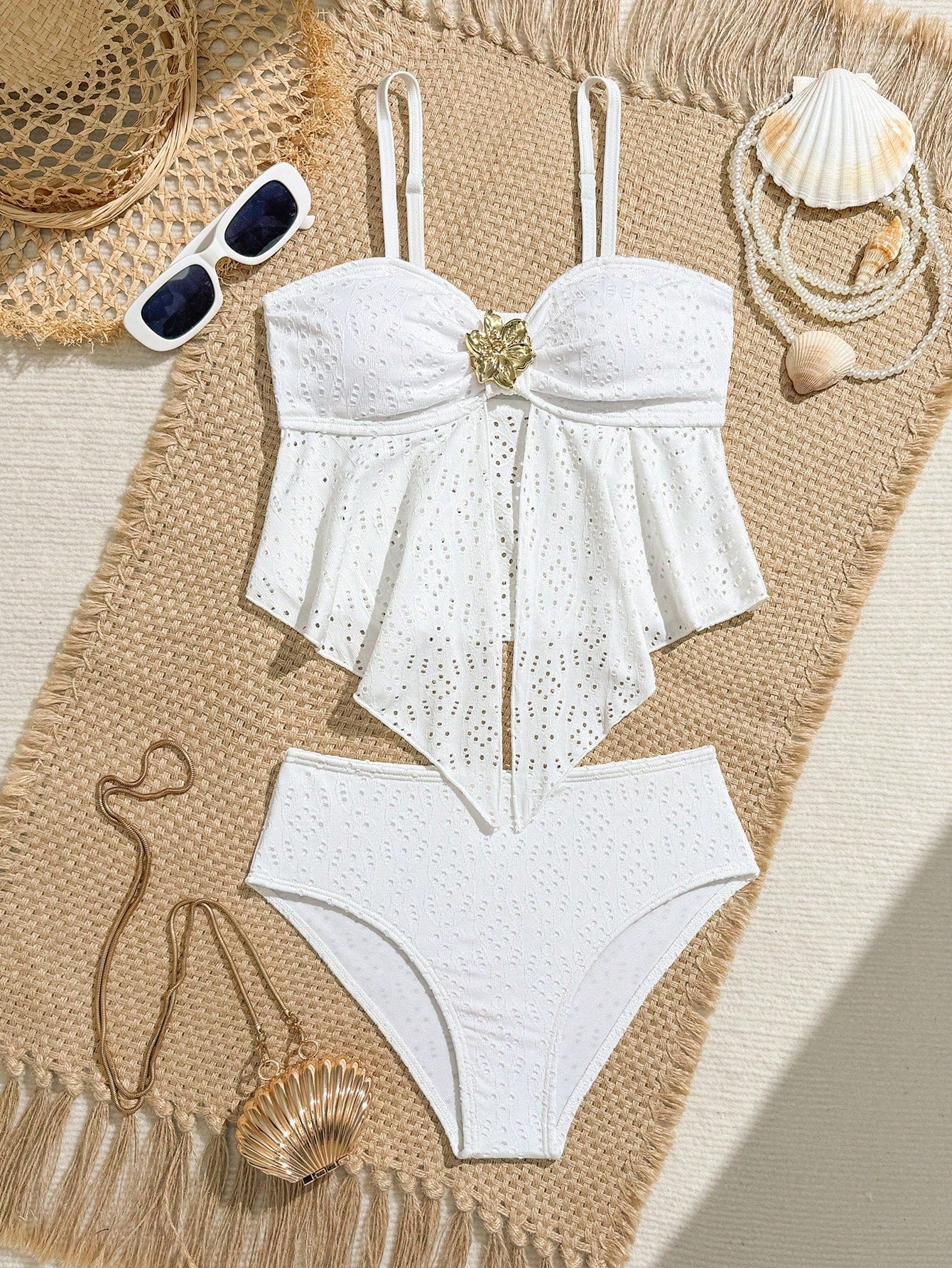 Tween girls two-piece tankini swimwear set with spaghetti straps, asymmetrical design, and 3D rose detail. Features a plant-pattern top and mid-waist bottoms in stretchy fabric for beach or pool wear.
