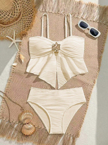Tween girls two-piece tankini swimwear set with spaghetti straps, asymmetrical design, and 3D rose detail. Features a plant-pattern top and mid-waist bottoms in stretchy fabric for beach or pool wear.