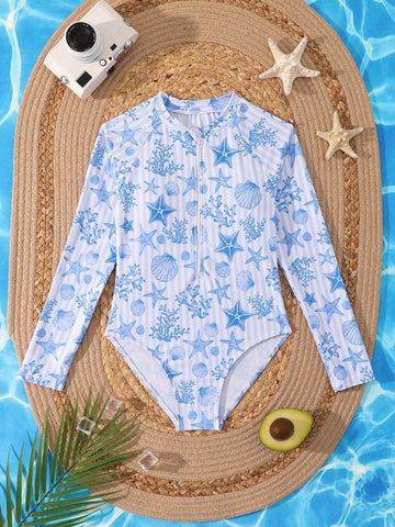 Tween girls one-piece rash guard swimsuit with long sleeves, high neck, front zipper, and ocean shell graphic print in a fitted style for beach, swimming, and vacation wear.