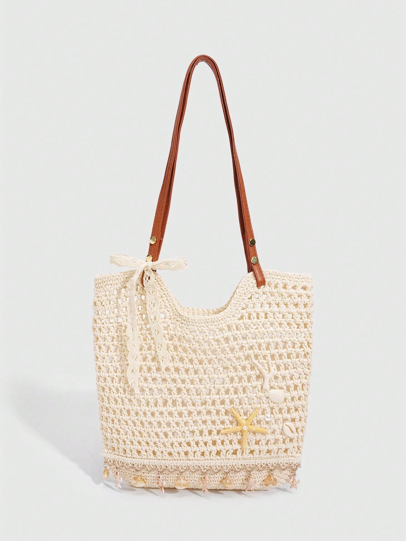 ROMWE Fairycore 1 Pc Tropical Ocean Beach Vacation Style Woven Hollow Beige Women's Shoulder Crossbody Handbag, Large Capacity Travel Vacation Bag