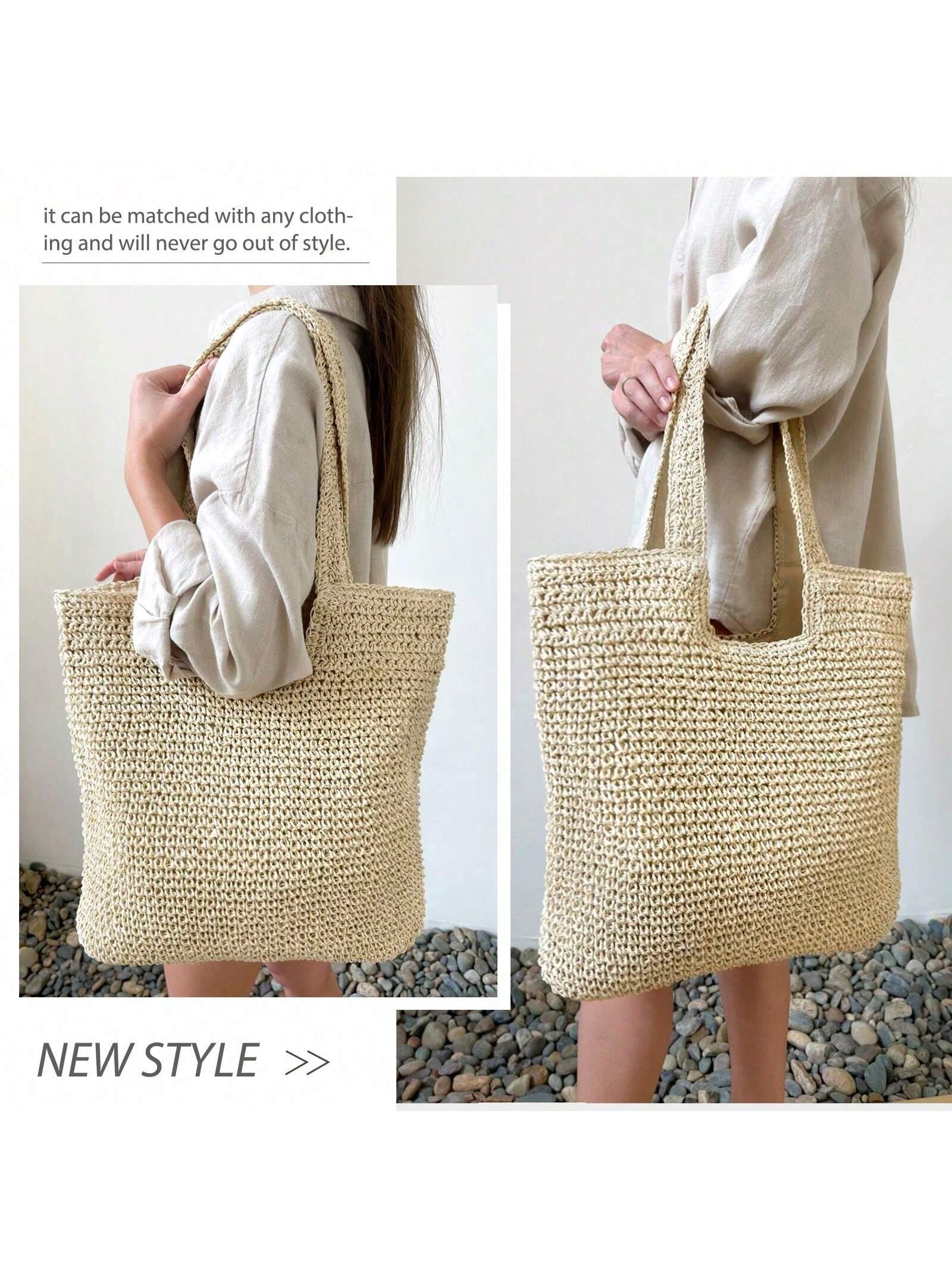 Hatisan Straw Beach Bag For Women Summer Woven Beach Tote Bag Shoulder Handbags Boho Bag