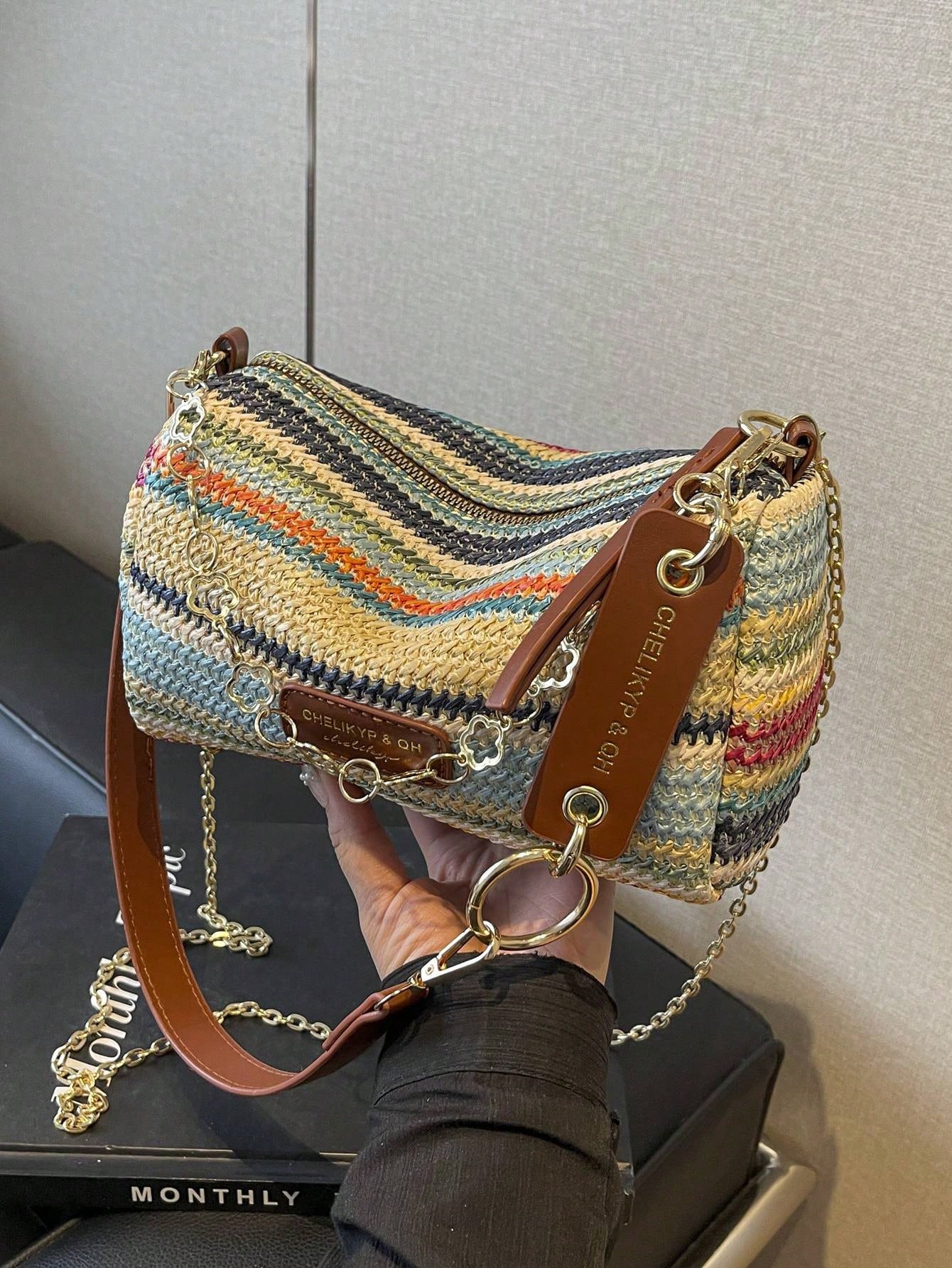 New Spring/Summer Contrast Striped Woven Straw Shoulder Bag, Fashion Letter Decor Women's