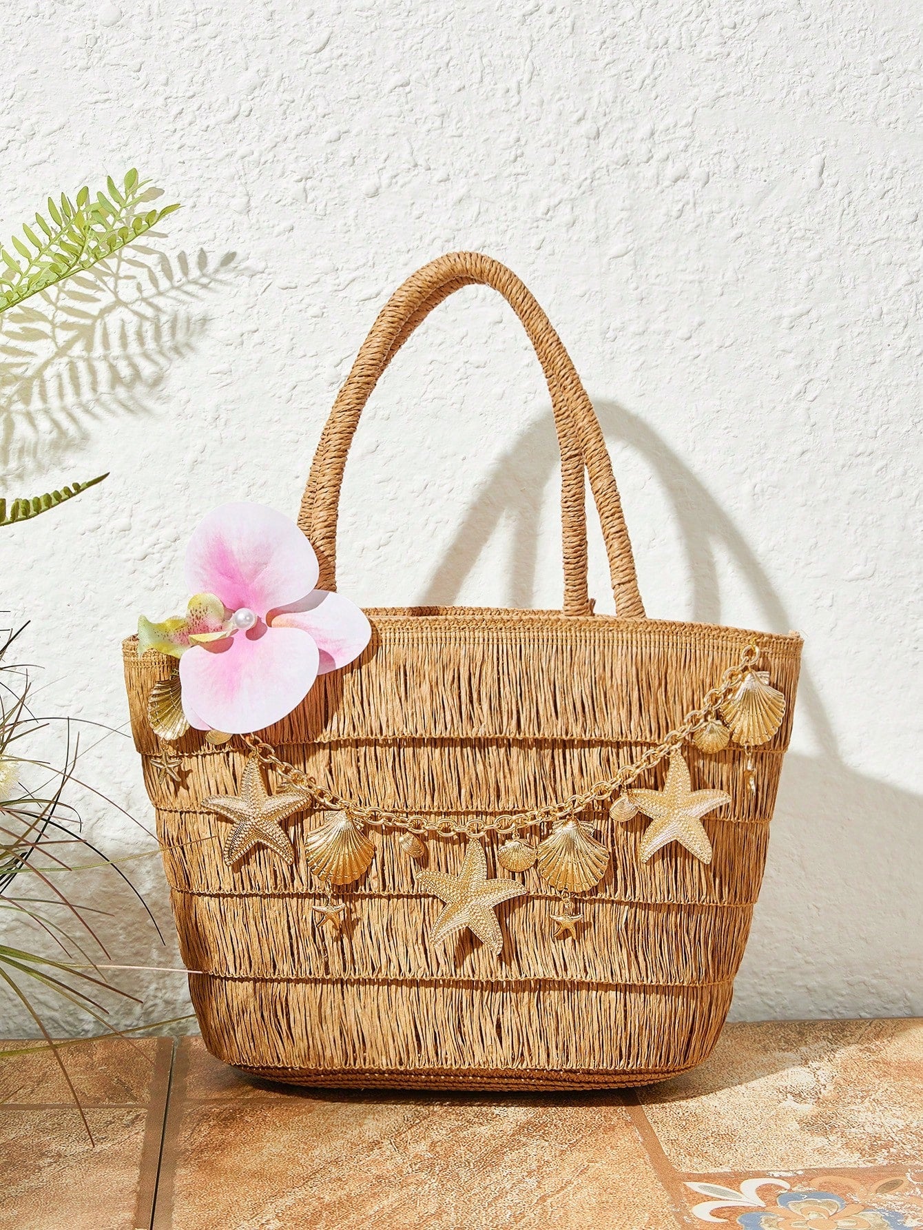OMWE Fairycore 1pc Handmade Woven Tote Bag With Artificial Orchid, Lily Decor,