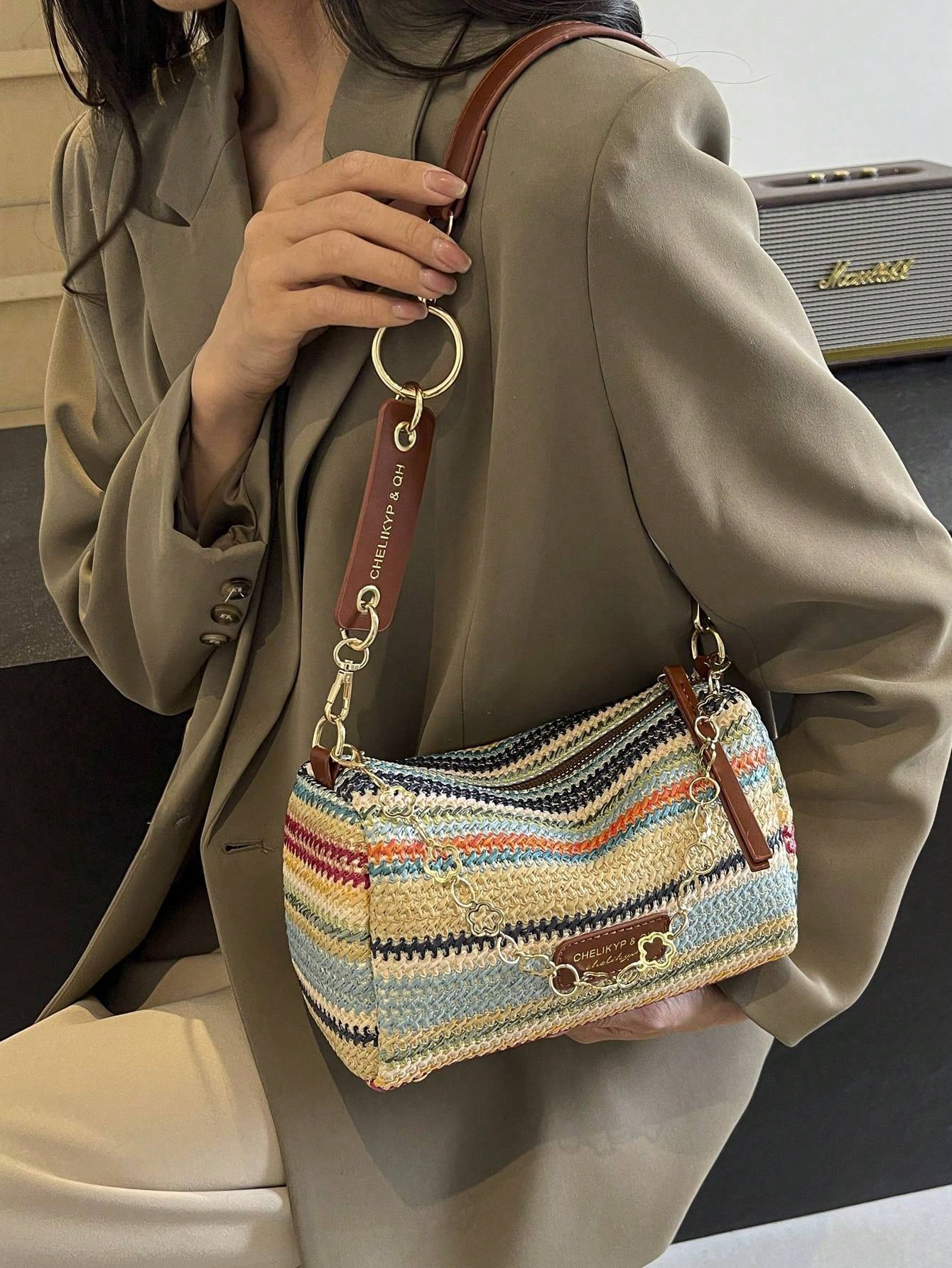 New Spring/Summer Contrast Striped Woven Straw Shoulder Bag, Fashion Letter Decor Women's