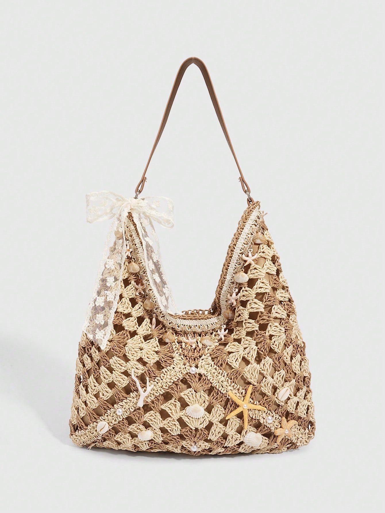 ROMWE Fairycore 1 Pc Tropical Ocean Beach Vacation Style Woven Hollow Beige Women's Shoulder Crossbody Handbag, Large Capacity Travel Vacation Bag