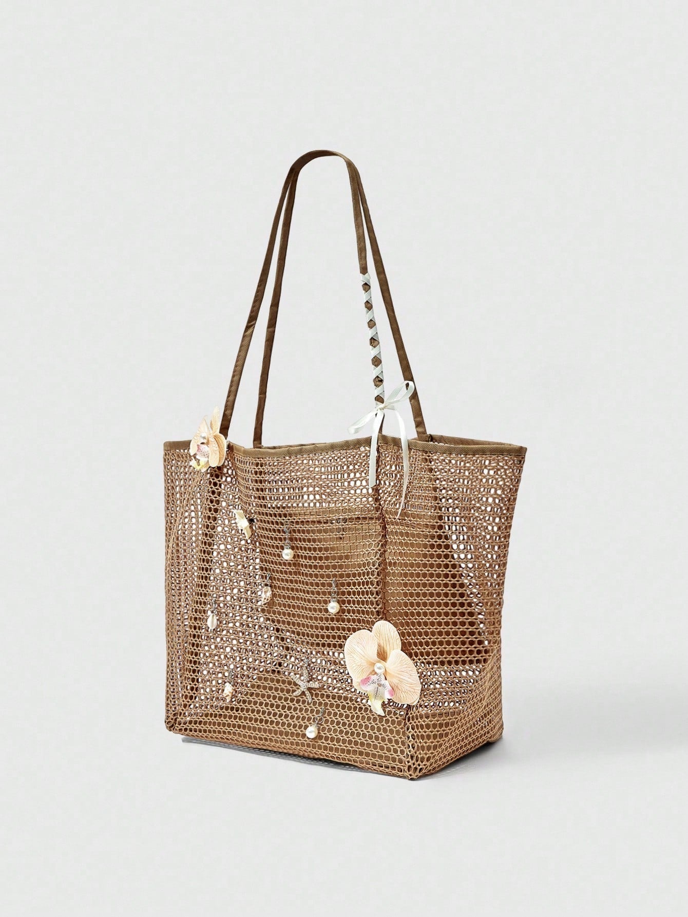 OMWE Fairycore 1pc Handmade Woven Tote Bag With Artificial Orchid, Lily Decor,
