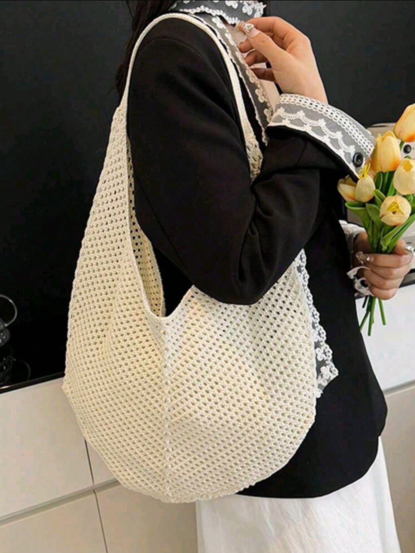 Large Capacity Crochet Shoulder Tote Bag - Lightweight, Multifunctional Knitted Handbag, Beige, Pink, Brown, Black, Suitable For Travel, Beach, Vacation And Daily Use, Large Tote Bag , Beach Bag , Crochet, Holiday, Yellow