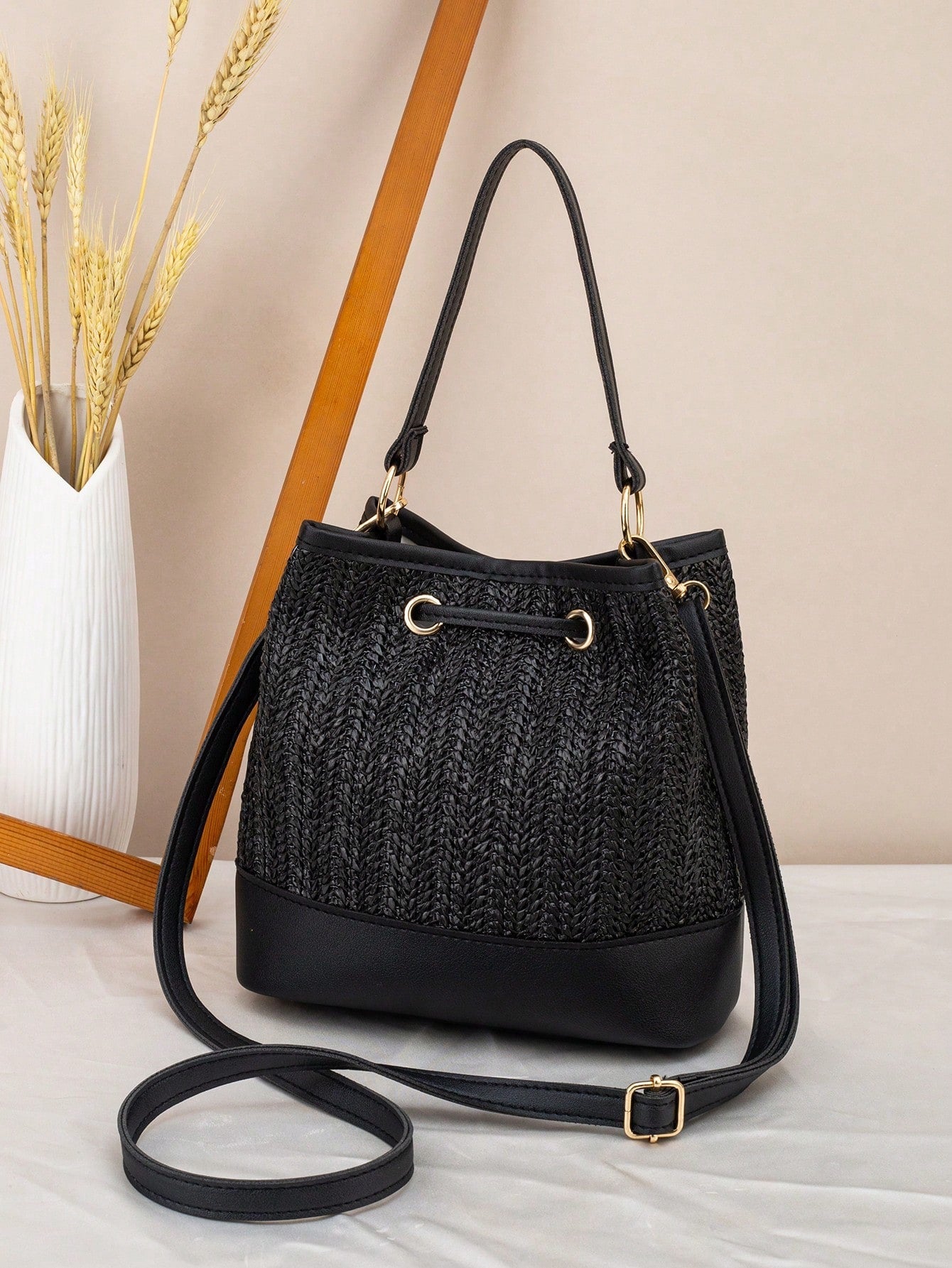 Drawstring Bucket Bag, Large Capacity Daily Versatile Bag, New Summer Beach Bag, Straw Crossbody Bag, Durable Women Handbag