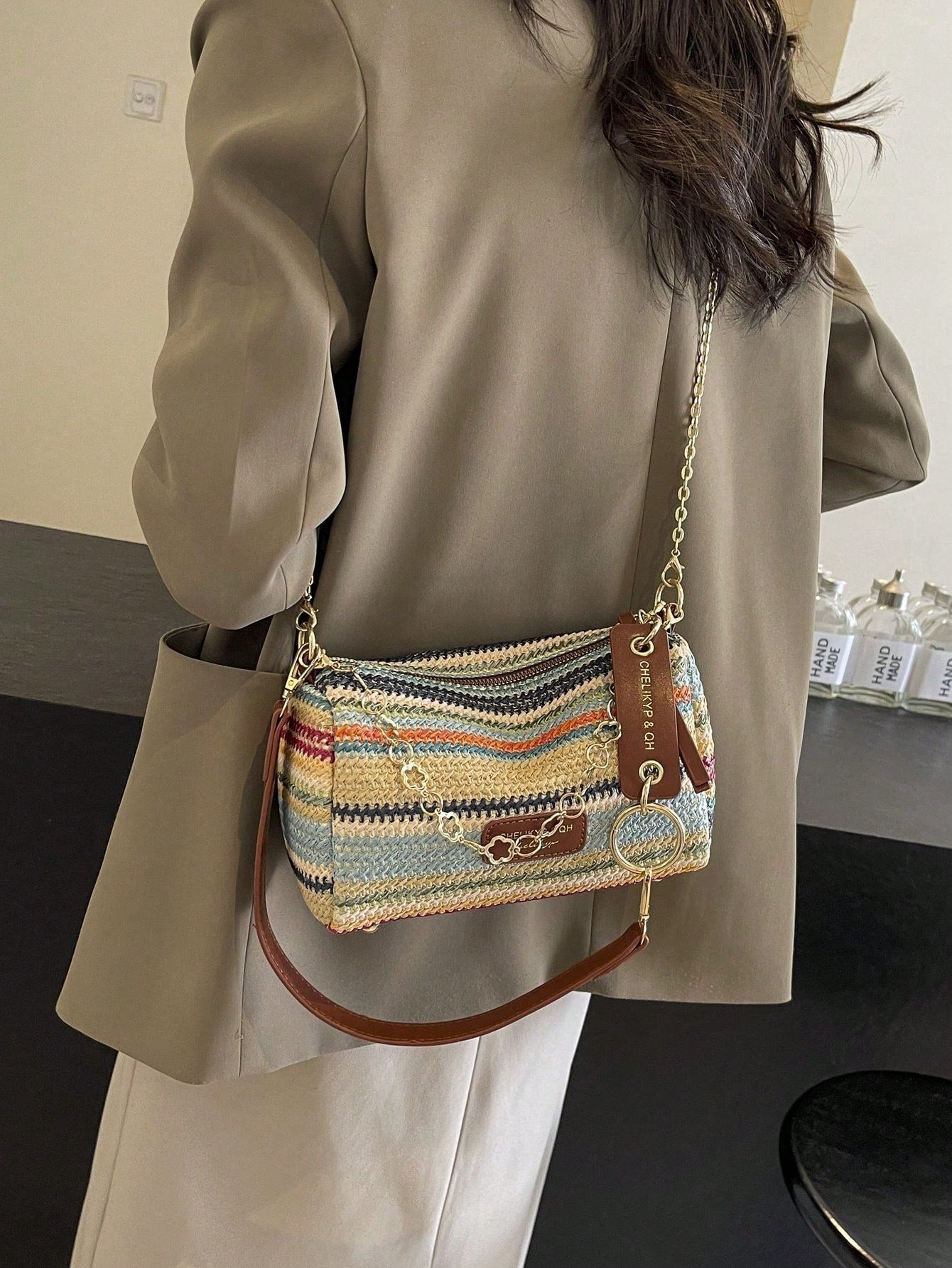 New Spring/Summer Contrast Striped Woven Straw Shoulder Bag, Fashion Letter Decor Women's
