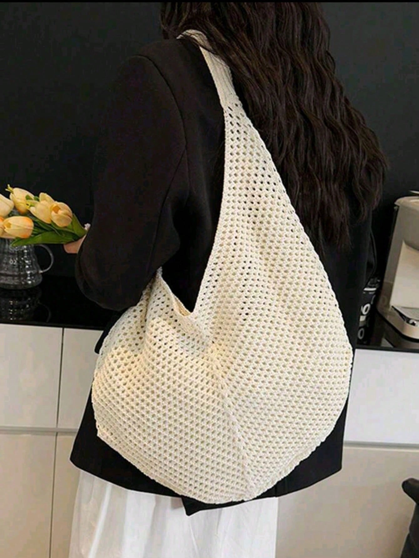 Large Capacity Crochet Shoulder Tote Bag - Lightweight, Multifunctional Knitted Handbag, Beige, Pink, Brown, Black, Suitable For Travel, Beach, Vacation And Daily Use, Large Tote Bag , Beach Bag , Crochet, Holiday, Yellow
