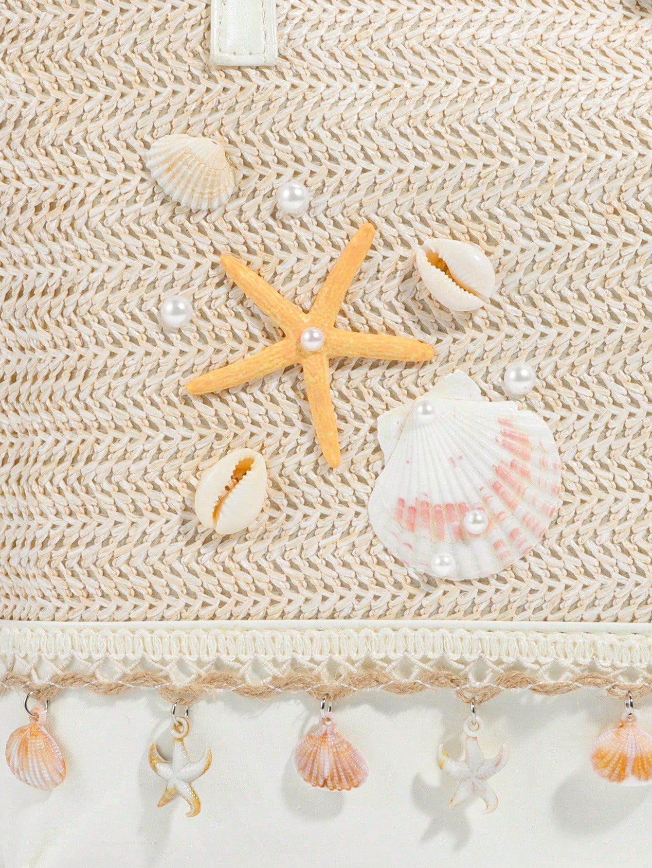 ROMWE Fairycore 1pc Vacation-Themed Shell, Seashell, Coral, Pearl Decor Women Tote Bag, Large Capacity Floral Straw Beach Bag For Spring/Summer