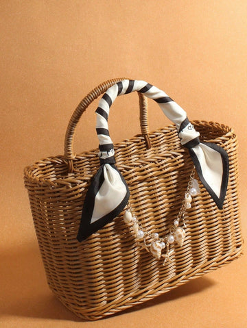 Summer New French Retro Handmade Vine Weaving Handbag Silk Scarf Handheld With Shell Sea Star Hanging Decoration Seaside Vacation Large Capacity Basket Package Daily Commuting Beach Leisure Party Travel