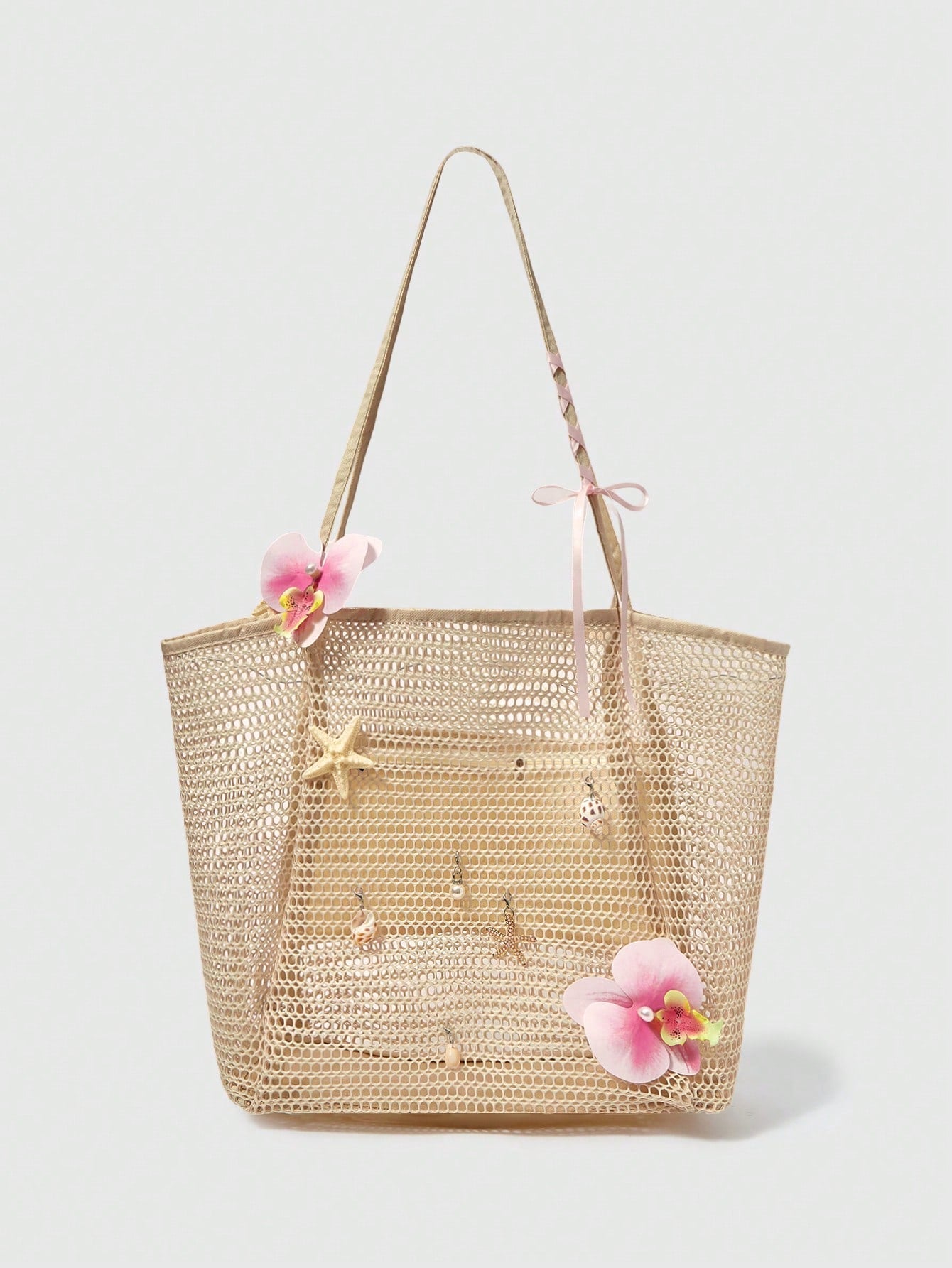 OMWE Fairycore 1pc Handmade Woven Tote Bag With Artificial Orchid, Lily Decor,
