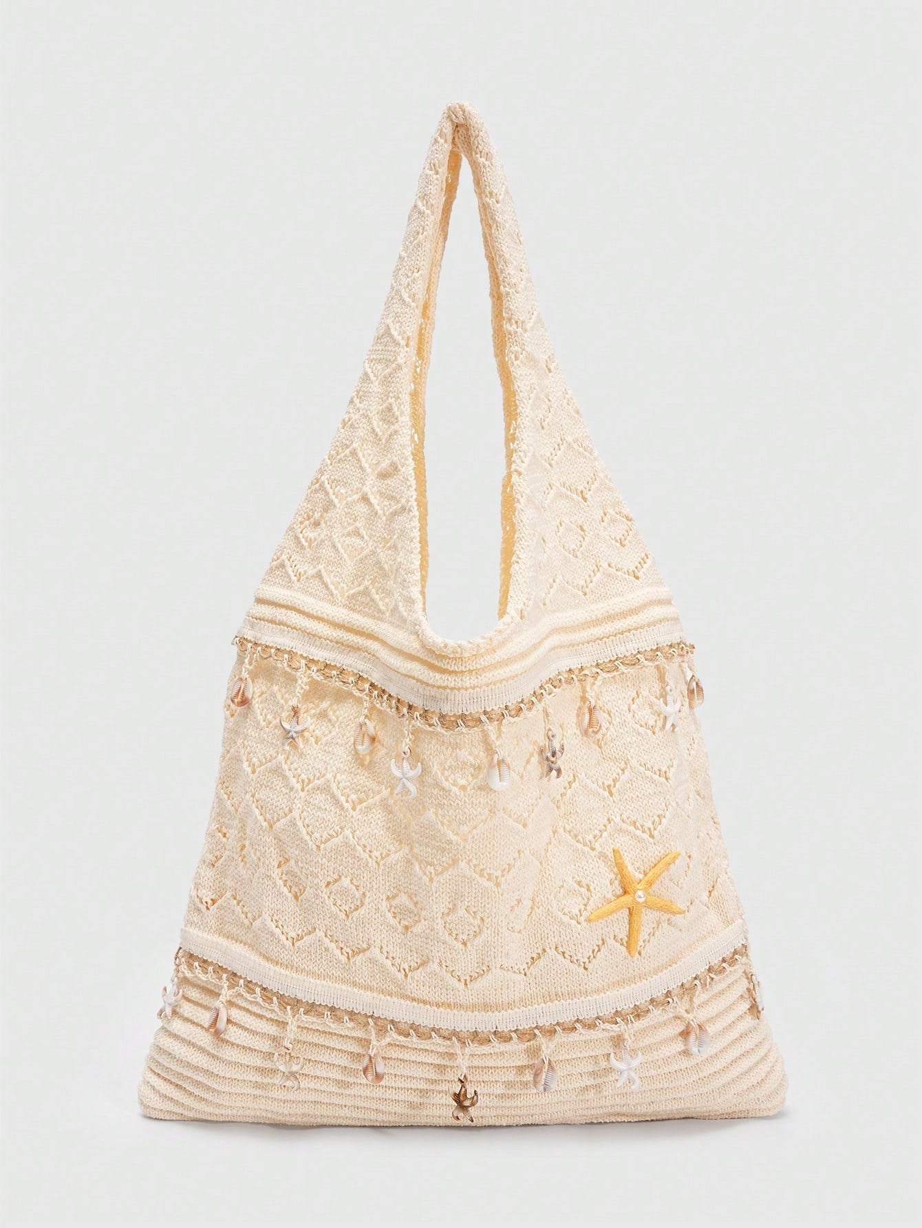 ROMWE Fairycore 1 Pc Tropical Ocean Beach Vacation Style Woven Hollow Beige Women's Shoulder Crossbody Handbag, Large Capacity Travel Vacation Bag