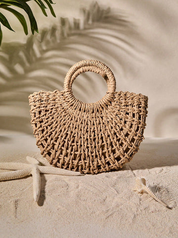 Tropiscape 1pc Half Circle Braided Drawstring Crossbody Bag For Women, Fashion Holiday Handbag For Travel And Daily Shopping Beach Autumn Winter Gifts ,Vacation Essentials