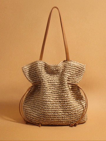 New Drawstring Crochet Bag, Single Shoulder Crossbody Woven Women's Bag, Large Capacity Grass Woven Bag, Vacation Travel Shopping, Daily Party Activities, Music Festival