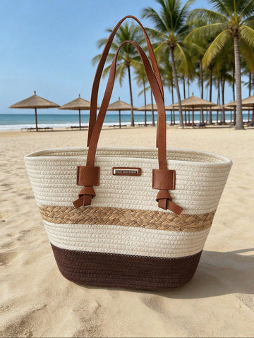 1pc Colorblock Striped Straw Tote Bag, Large Capacity Commuter Beach Shoulder Bag For Women