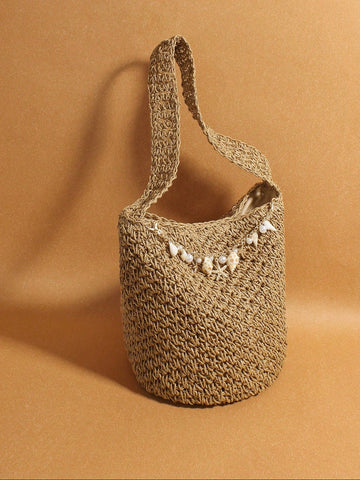 Original Handmade New Retro Woven Shoulder Bag, Summer Seaside Vacation Grass Woven Bag, Shell Starfish Hanging Decoration Bucket Bag, Large Capacity Commuting Handbag, Seaside Vacation Beach Bag, Daily Commuting Beach Leisure Party Travel