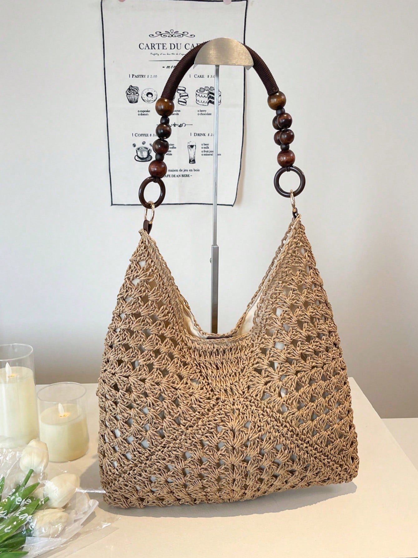 EMERY ROSE Large Capacity Portable Women's Woven Straw Shoulder Bag Medium Handbag With Handle For Beach Vacation