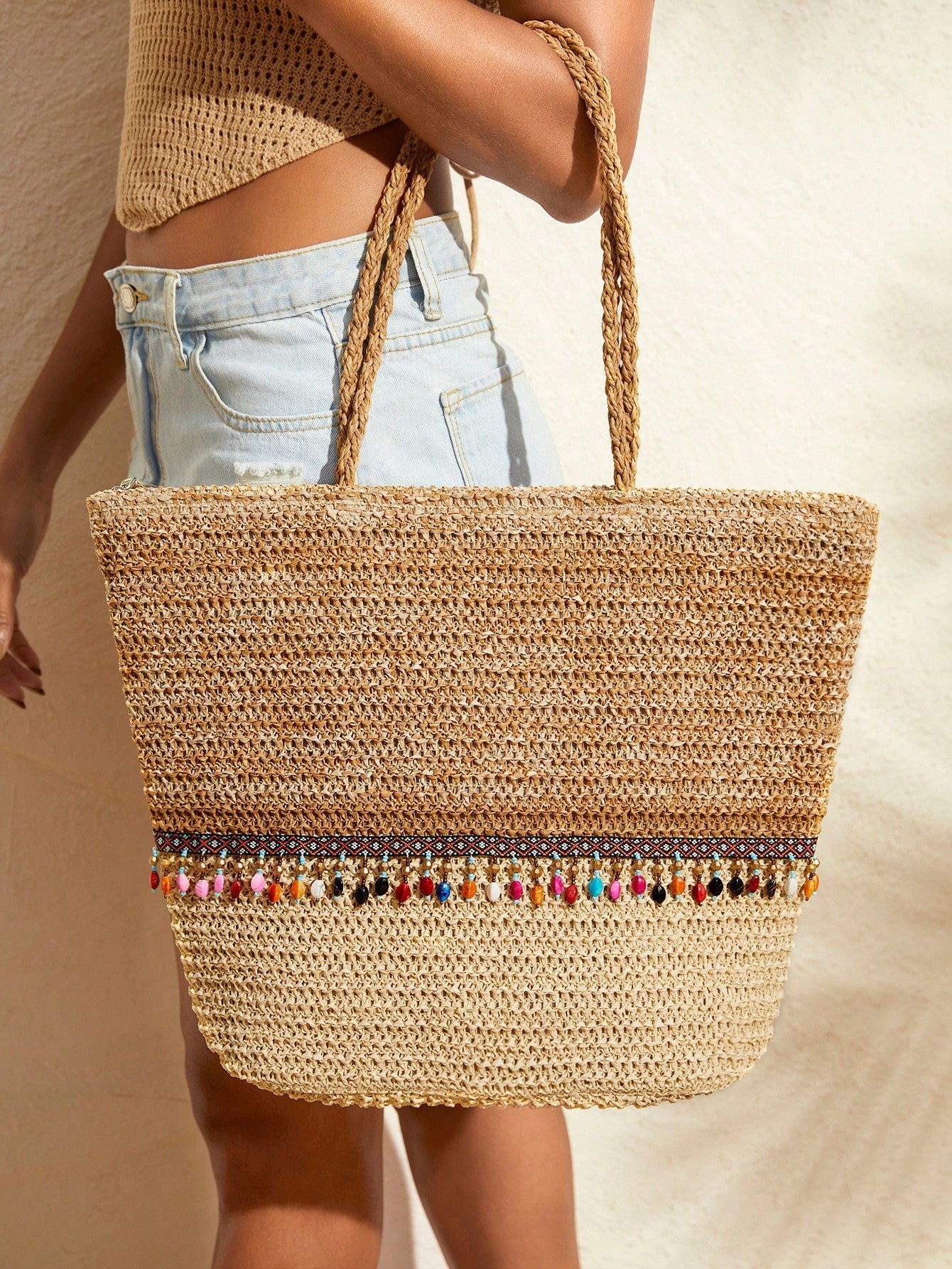 VCAY Casual Tote Bag,Woven Bag,Perfect For Summer Beach Travel Vacation,For Outdoor