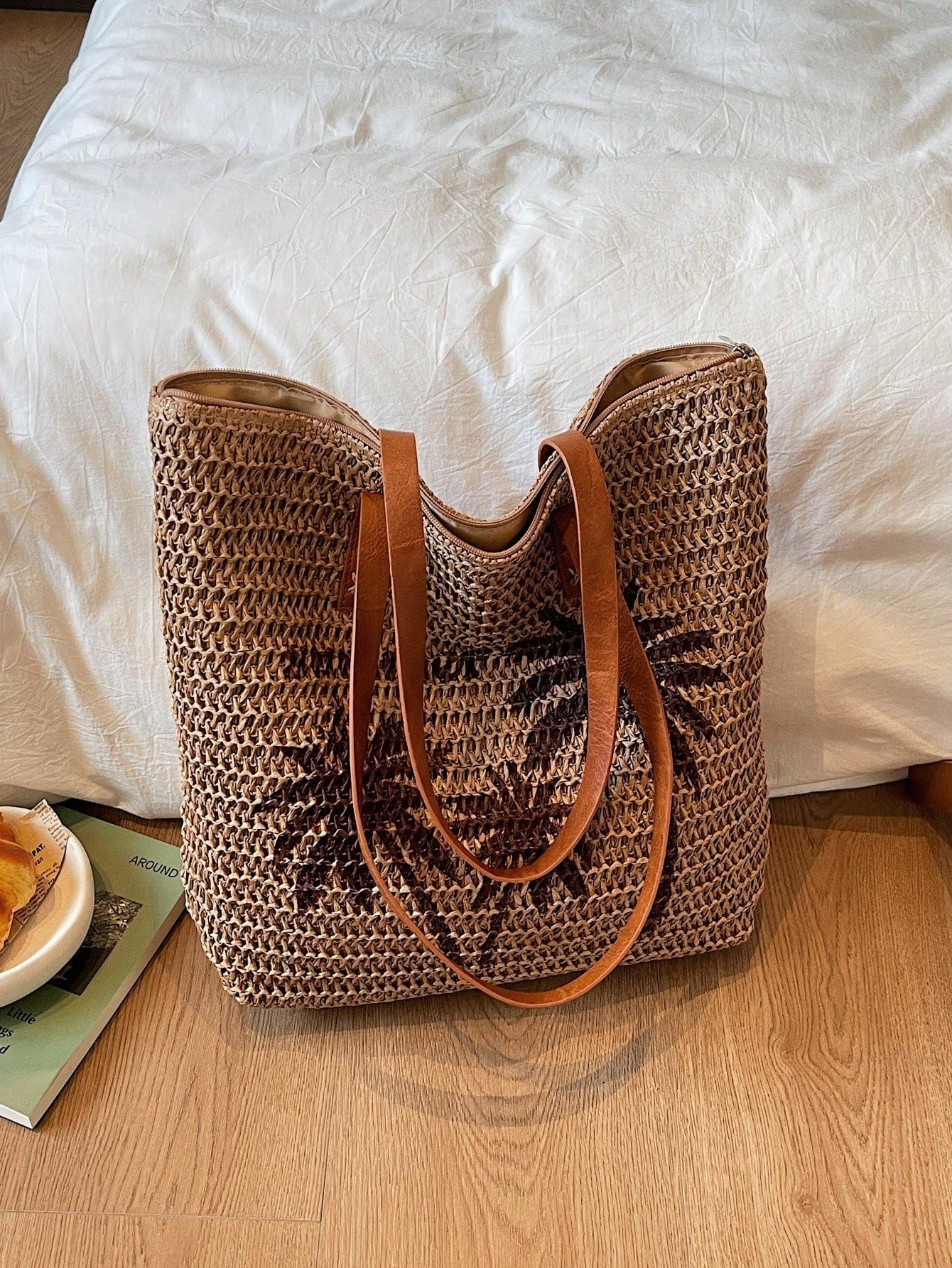New Large Capacity Tote Bag, Woven Straw Dual Handle Design Women's Bag, Beach Bag For Commuting