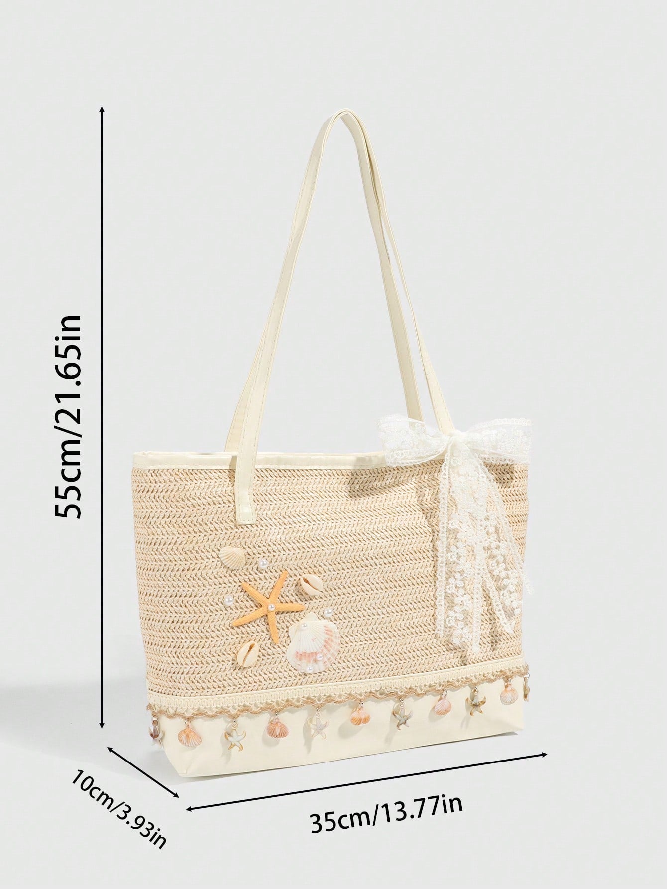 ROMWE Fairycore 1pc Vacation-Themed Shell, Seashell, Coral, Pearl Decor Women Tote Bag, Large Capacity Floral Straw Beach Bag For Spring/Summer