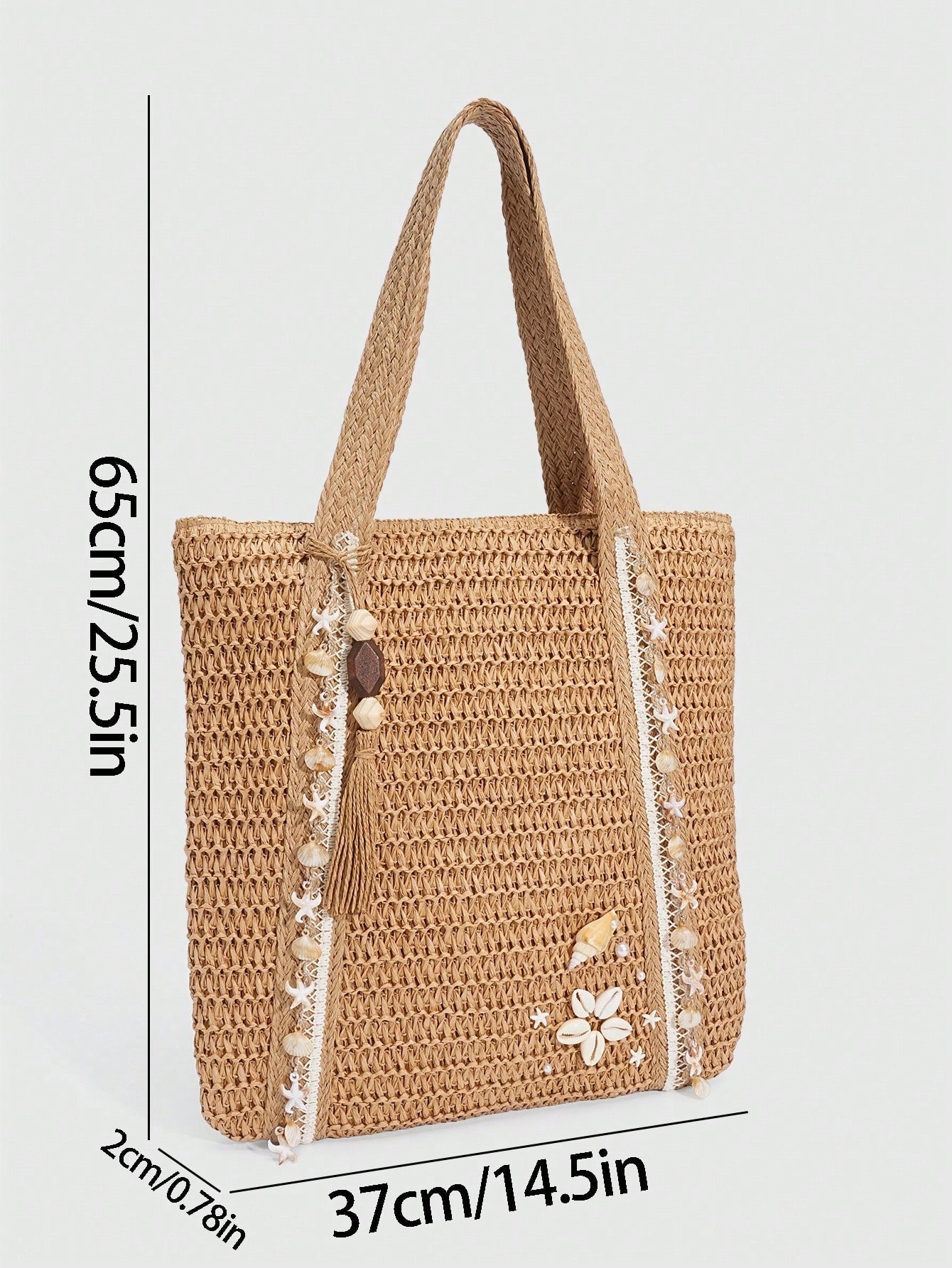 ROMWE Fairycore 1pc Vacation-Themed Shell, Seashell, Coral, Pearl Decor Women Tote Bag, Large Capacity Floral Straw Beach Bag For Spring/Summer