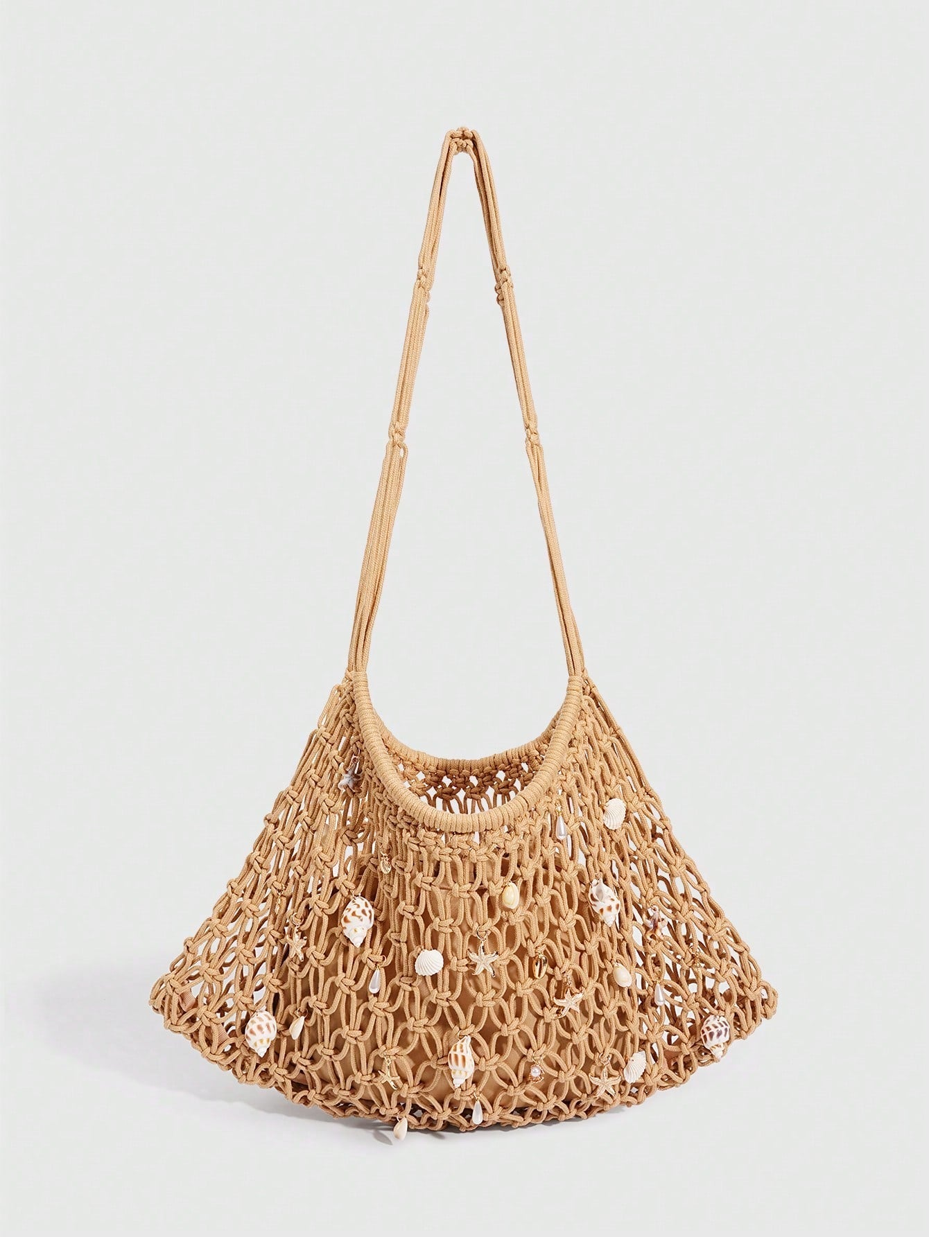 ROMWE Fairycore 1 Pc Tropical Ocean Beach Vacation Style Woven Hollow Beige Women's Shoulder Crossbody Handbag, Large Capacity Travel Vacation Bag