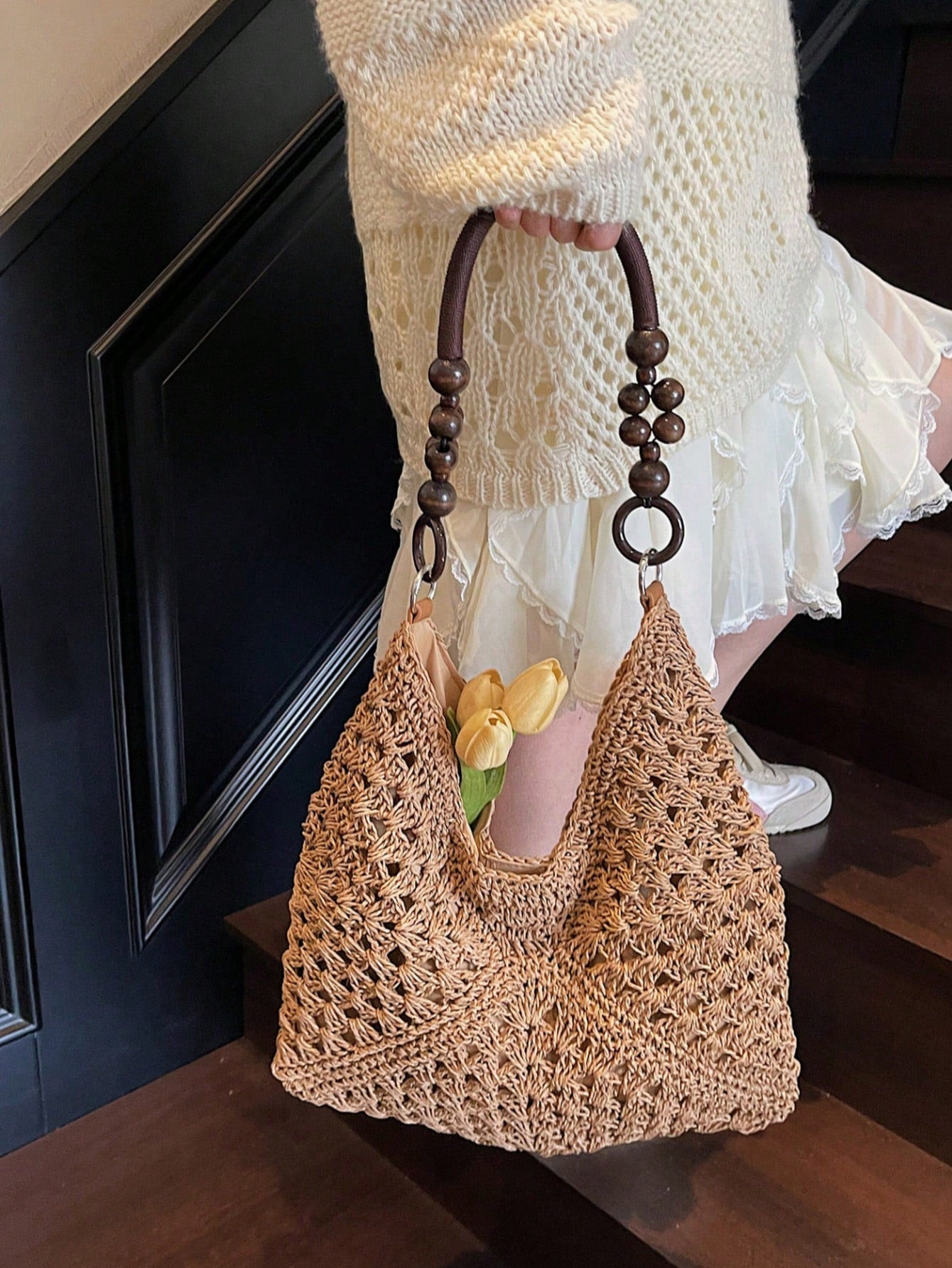 Handmade Crochet Hollow Straw Bag, Patchwork Large Capacity Shoulder Bag, Bohemian Contrast Color Straw Bag, Casual Versatile Women Bag, Slouchy Woven Bag, Summer Beach Vacation Straw Bag, Commute & Travel Dual-Use Women Bag, Can Fit , Gift For Women