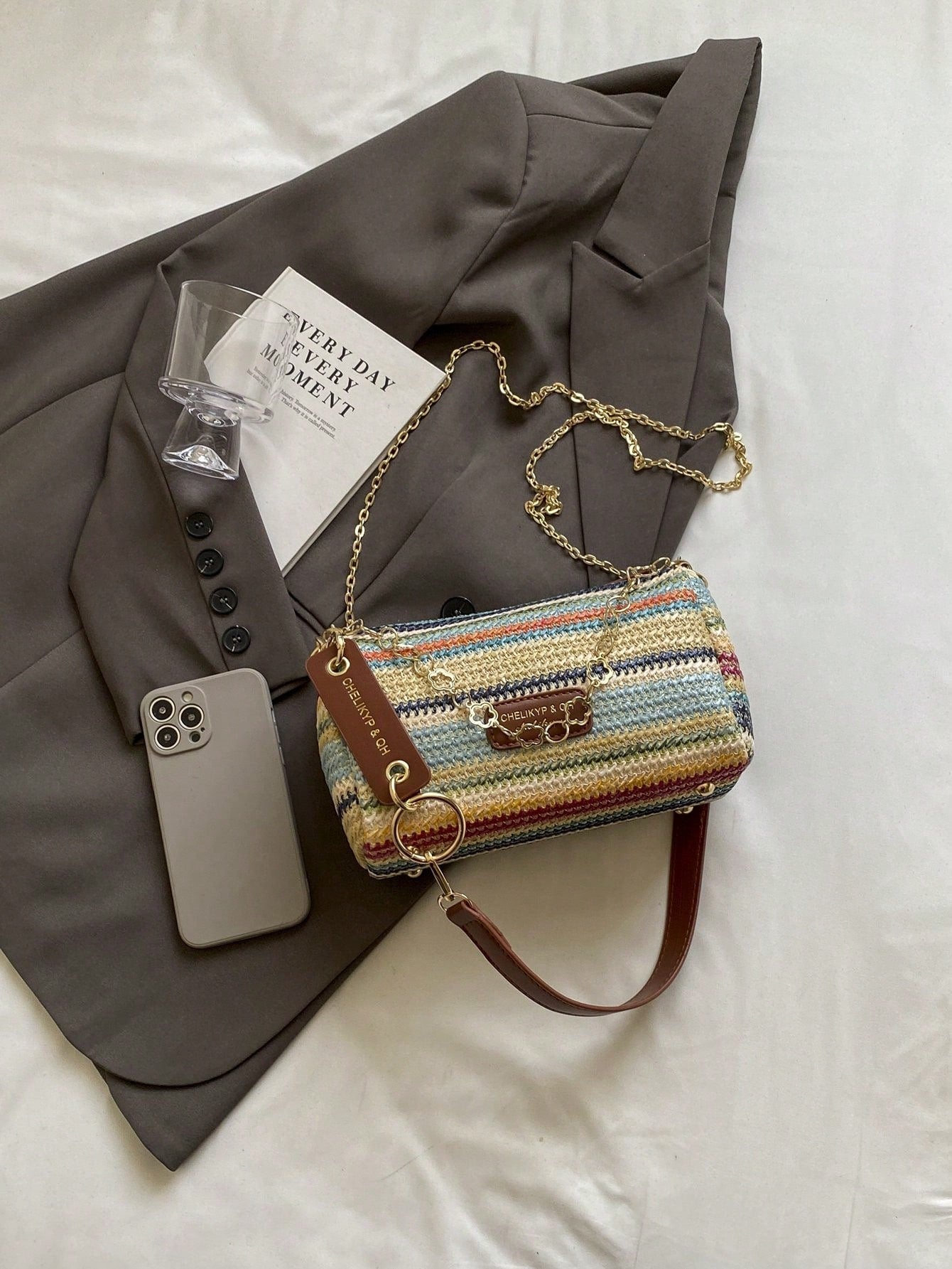 New Spring/Summer Contrast Striped Woven Straw Shoulder Bag, Fashion Letter Decor Women's