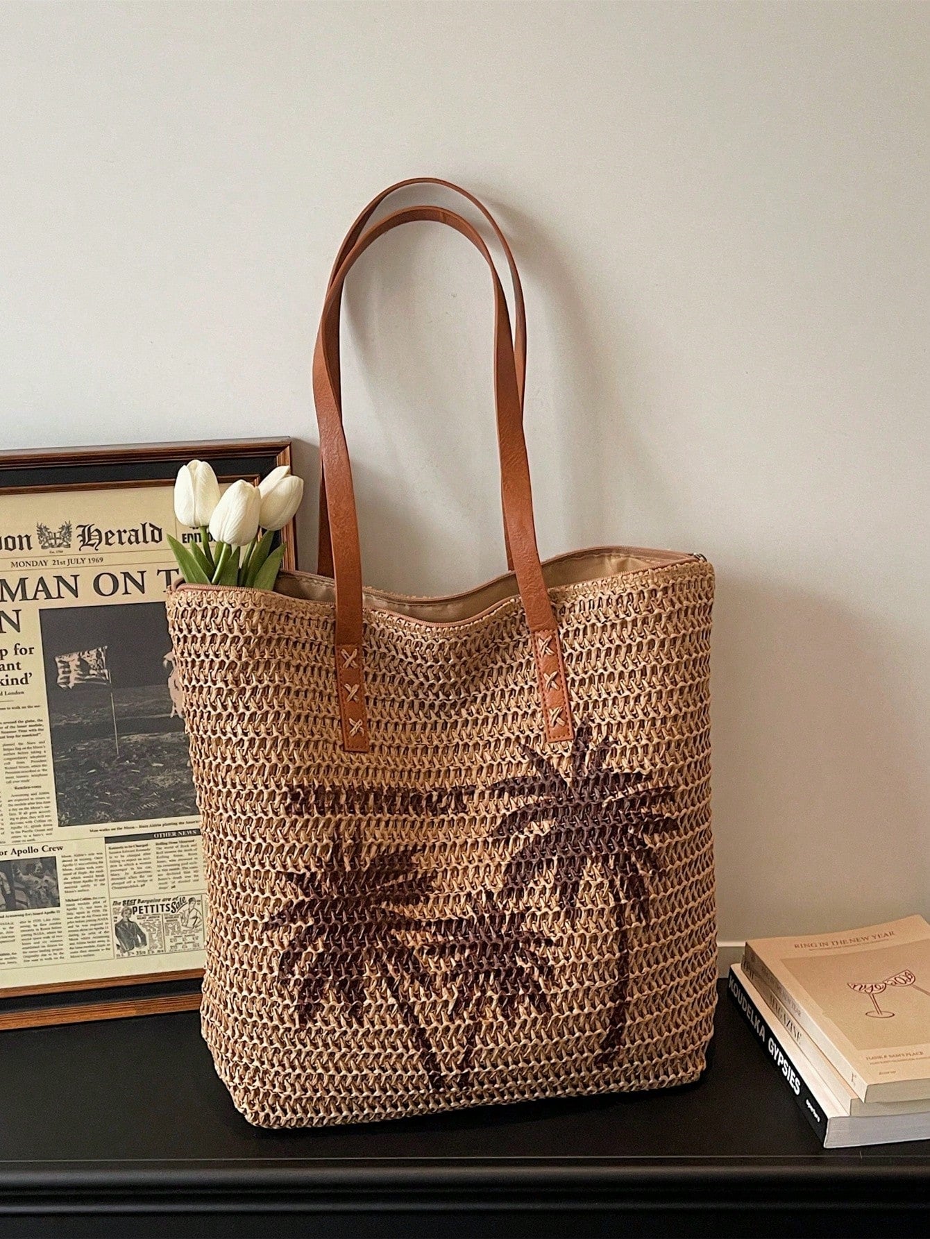 New Large Capacity Tote Bag, Woven Straw Dual Handle Design Women's Bag, Beach Bag For Commuting